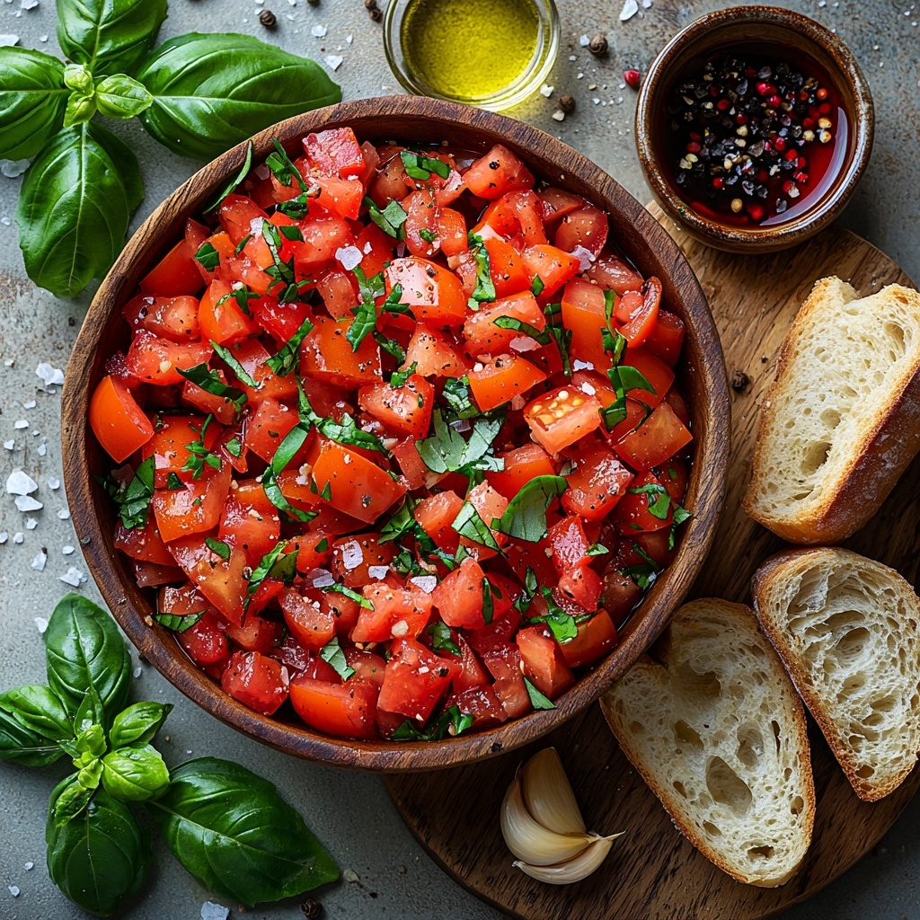 Ripe diced Roma and regular tomatoes in a small rustic bowl, vibrant red with juicy texture; fresh bright green basil leaves finely chopped, loosely scattered beside the bowl; a small glass bowl of golden olive oil with a subtle sheen; a tiny dish with deep red wine vinegar, smooth and glossy; two peeled garlic cloves, one minced on a small wooden spoon, the other whole with papery skin intact; coarse sea salt crystals and cracked black peppercorns artfully sprinkled near a wooden board; a crusty baguette sliced into neat pieces, golden brown toasted edges visible, some slices brushed with olive oil; a halved garlic clove for rubbing visible on the side; all ingredients arranged neatly on a clean matte white surface, natural daylight enhancing the fresh colors and textures, minimal shadows, styled with casual elegance, emphasizing freshness and simplicity, with space between each element for visual balance — overhead shot, top down view, flat lay photography, professional food styling --ar 1:1 --q 2 --s 750 --v 6.1