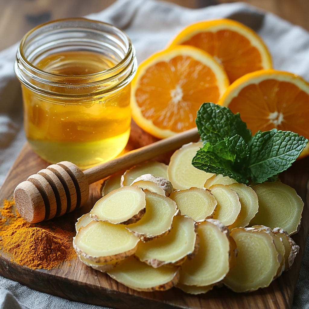 Fresh ginger root sliced into thin, pale yellow slices with a slightly rough textured peel, a small jar of golden honey with a wooden honey dipper, a few bright orange and lemon slices showing vibrant citrus colors and glossy textures, a single dark brown cinnamon stick with a textured bark surface, a small pile of bright yellow turmeric powder with fine, rich texture, a few fresh green mint leaves with crisp veins and vibrant color, and a clear glass of water with light reflections on a clean white surface. Ingredients are neatly spaced in a balanced, harmonious flat lay composition with natural soft daylight, subtle shadows for depth, and a minimalistic, airy styling emphasizing freshness and warmth. overhead shot, top down view, flat lay photography, professional food styling --ar 1:1 --q 2 --s 750 --v 6.1