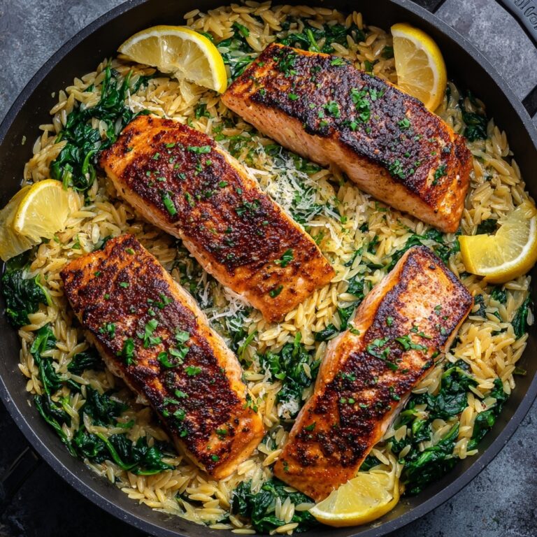 One-Pan Lemon Garlic Salmon with Toasted Orzo and Spinach Recipe