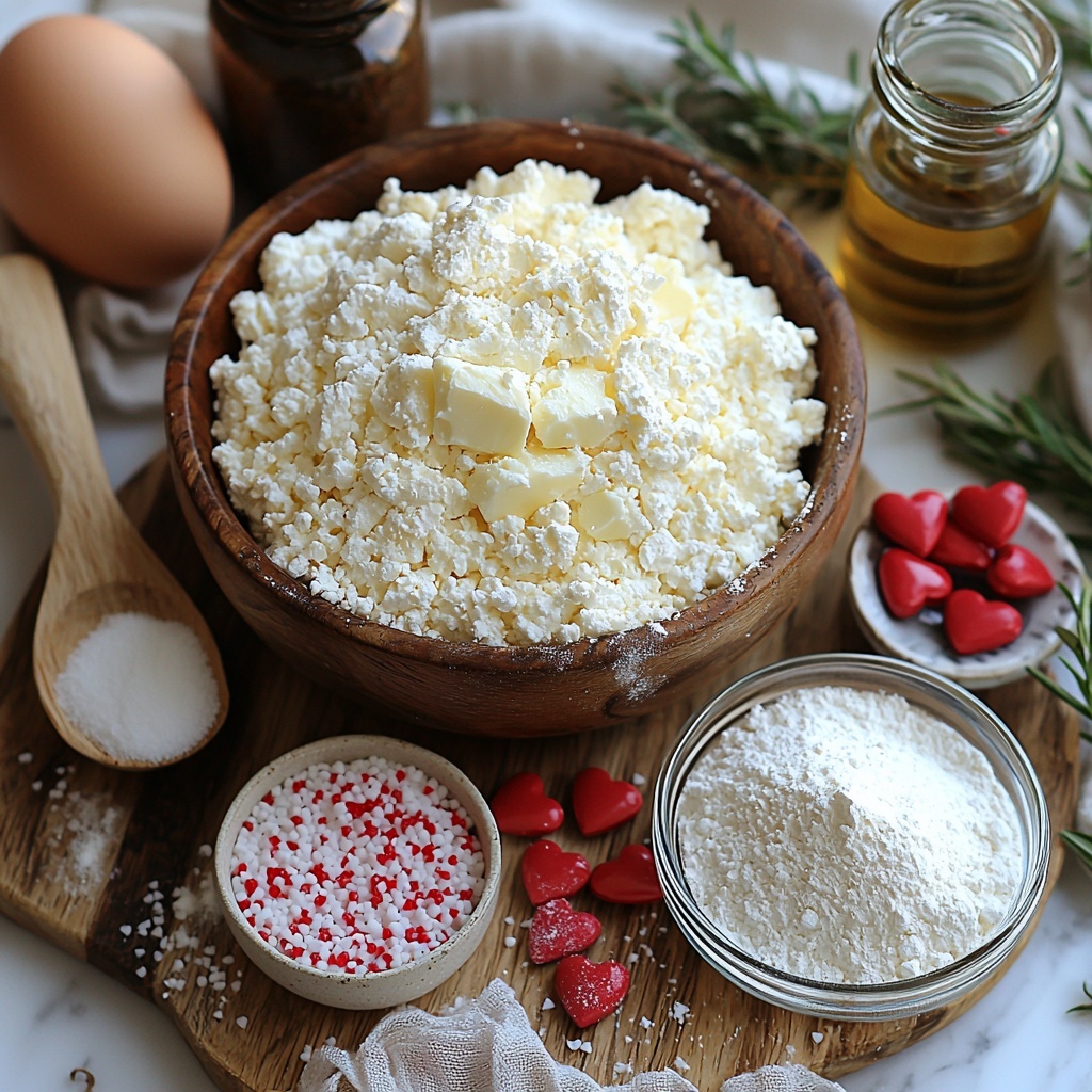 2 ½ cups all-purpose flour in a small rustic ceramic bowl with a soft white powdery texture, 2 teaspoons baking powder in a tiny glass dish sparkling with fine white granules, ½ teaspoon salt in a miniature wooden scoop, 1 cup softened unsalted butter on a smooth wooden board showing creamy pale yellow color, 1 ¼ cups white sugar in a clear glass jar revealing sparkling crystals, 1 large brown egg and 1 egg yolk in a small white ceramic bowl with vibrant yellow-orange color, 2 teaspoons vanilla extract in a vintage glass bottle with amber liquid, a small bowl with vivid green food coloring, 16 red heart sprinkles scattered delicately on a linen napkin, ½ cup white sugar for rolling in a shallow white porcelain plate with fine glistening crystals. All ingredients are meticulously arranged on a clean white marble surface with soft natural light casting gentle shadows, styled with minimal rustic props like wooden spoons and linen cloth to emphasize textures and colors, creating a fresh and inviting holiday baking atmosphere. Overhead shot, top down view, flat lay photography, professional food styling --ar 1:1 --q 2 --s 750 --v 6.1