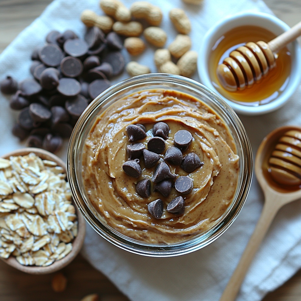Creamy peanut butter in a small clear glass bowl with smooth, shiny texture; a neat pile of rolled oats with soft, flaky texture spilling slightly beside it; a small wooden spoon filled with golden honey showing its thick, sticky sheen; a white ceramic dish containing mini chocolate chips, glossy and dark brown; crushed peanuts scattered loosely on a rustic wooden surface, adding rough texture and warm tan hues. All ingredients arranged symmetrically on a clean, light-colored linen cloth over a pale wooden table to enhance natural tones. Soft natural lighting highlights the varied textures and rich colors, with minimal shadows for a bright, inviting atmosphere. Overhead shot, top down view, flat lay photography, professional food styling --ar 1:1 --q 2 --s 750 --v 6.1
