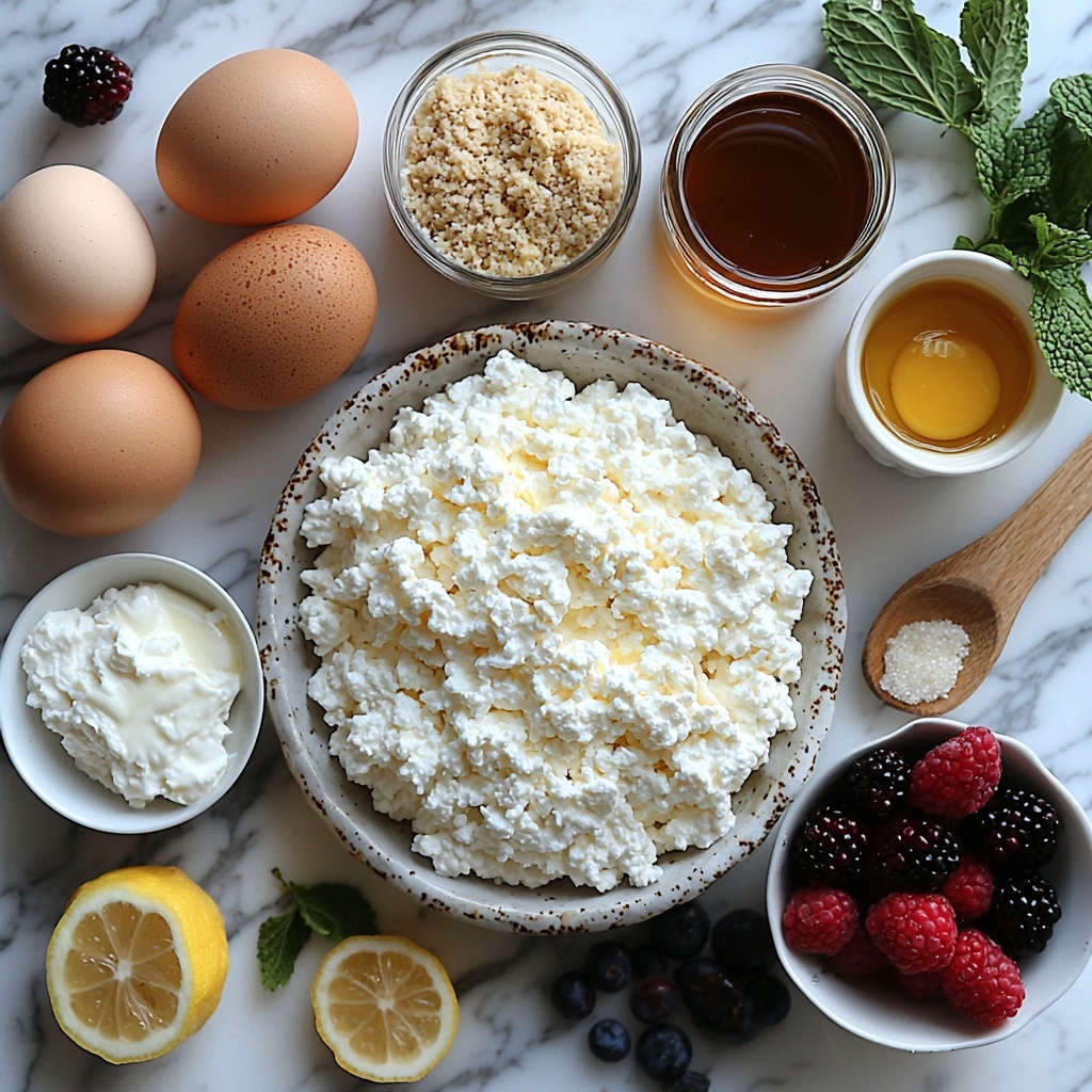 A clean white marble surface neatly arranged with all main ingredients for a cottage cheese and yogurt egg cheesecake recipe: a small clear bowl filled with golden graham cracker crumbs beside a glass measuring cup with melted butter, a small white dish of fine granulated sugar, and a pinch of salt in a tiny ceramic spoon; a smooth mound of creamy full-fat cottage cheese on a rustic small plate, next to a dollop of thick plain Greek yogurt in a clear glass bowl; three large brown eggs arranged in a small cluster; a white ramekin holding cornstarch powder; a small glass jar of vanilla extract with a tiny wooden spoon resting beside it; a fresh lemon with bright yellow zest spiral strips artfully placed nearby; a small bowl overflowing with vibrant mixed fresh berries in reds, blues, and purples; a drizzle bottle or small jar of amber maple syrup or honey; and a few fresh bright green mint leaves scattered delicately around. The ingredients are spaced evenly with mixture of ceramic, glass, and natural textures, soft natural light casting gentle shadows, styled with minimal rustic kitchen linens, subtle pops of color, and a few culinary tools like a whisk and measuring spoons placed casually to enhance the homely yet elegant feel. Overhead shot, top down view, flat lay photography, professional food styling --ar 1:1 --q 2 --s 750 --v 6.1