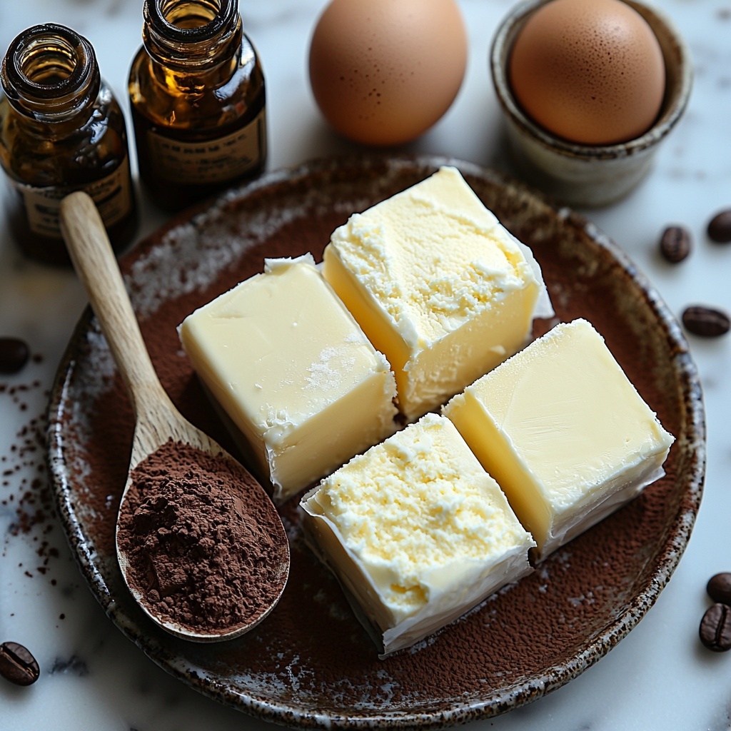 unsalted butter cube wrapped in parchment, four large eggs with smooth brown shells, small heaps of white granulated sugar in a clear glass bowl, a mound of rich dark brown dutch cocoa powder on a rustic ceramic plate, pale beige all-purpose flour dusted lightly on a wooden spoon, a small glass bottle of amber vanilla extract alongside a tiny bottle of dark coffee extract, a scoop of creamy white vanilla ice cream in a vintage bowl, all ingredients carefully spaced and arranged on a clean white marble surface with soft natural light highlighting the contrasting textures and colors, subtle shadows adding depth, minimalistic styling with a few cocoa powder dust speckles around, a warm inviting atmosphere suggesting homemade comfort, overhead shot, top down view, flat lay photography, professional food styling --ar 1:1 --q 2 --s 750 --v 6.1