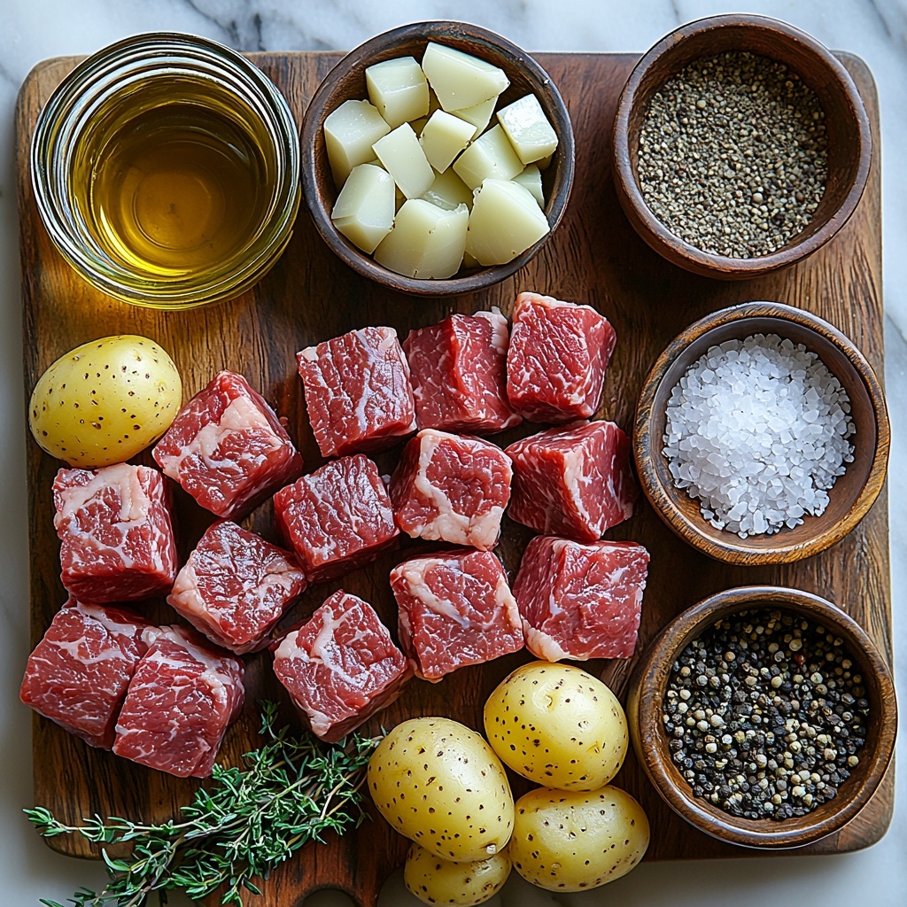 steak cubes deep red with marbling, large sliced potatoes pale yellow with smooth texture, chopped white onion pieces, minced garlic cloves small and creamy white, small bowl of rich brown beef broth, glass jar of golden olive oil, coarse salt crystals, black peppercorns scattered, fresh green sprigs of rosemary and thyme, all ingredients neatly arranged in separate rustic ceramic bowls and wooden boards on a clean white marble surface, natural soft lighting highlighting contrasting textures and colors, subtle shadows for depth, minimalistic styling with focus on freshness and earthiness, overhead shot, top down view, flat lay photography, professional food styling --ar 1:1 --q 2 --s 750 --v 6.1