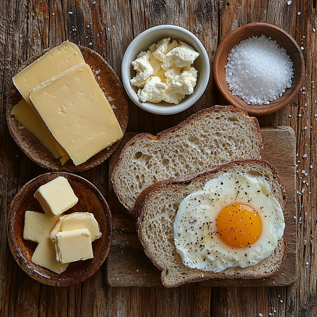 3 large beaten eggs in a small clear glass bowl, pale yellow and slightly frothy; a tiny white ceramic dish with ¼ teaspoon kosher salt; a matching small dish with ¼ teaspoon white pepper; a vintage butter dish holding 3 tablespoons of rich, creamy butter with a smooth texture; two slices of rustic white bread with a golden crust and soft crumb, slightly overlapping; one slice of sharp cheddar cheese, vibrant orange with a smooth surface; two thin slices of glossy deli ham, slightly folded to show texture and marbling; all ingredients carefully spaced on a clean, light wood surface with natural diffused sunlight casting soft shadows, styled with minimal props like a simple linen napkin and a wooden butter knife nearby, emphasizing warm breakfast tones and textures, highlighting freshness and inviting comfort — overhead shot, top down view, flat lay photography, professional food styling --ar 1:1 --q 2 --s 750 --v 6.1