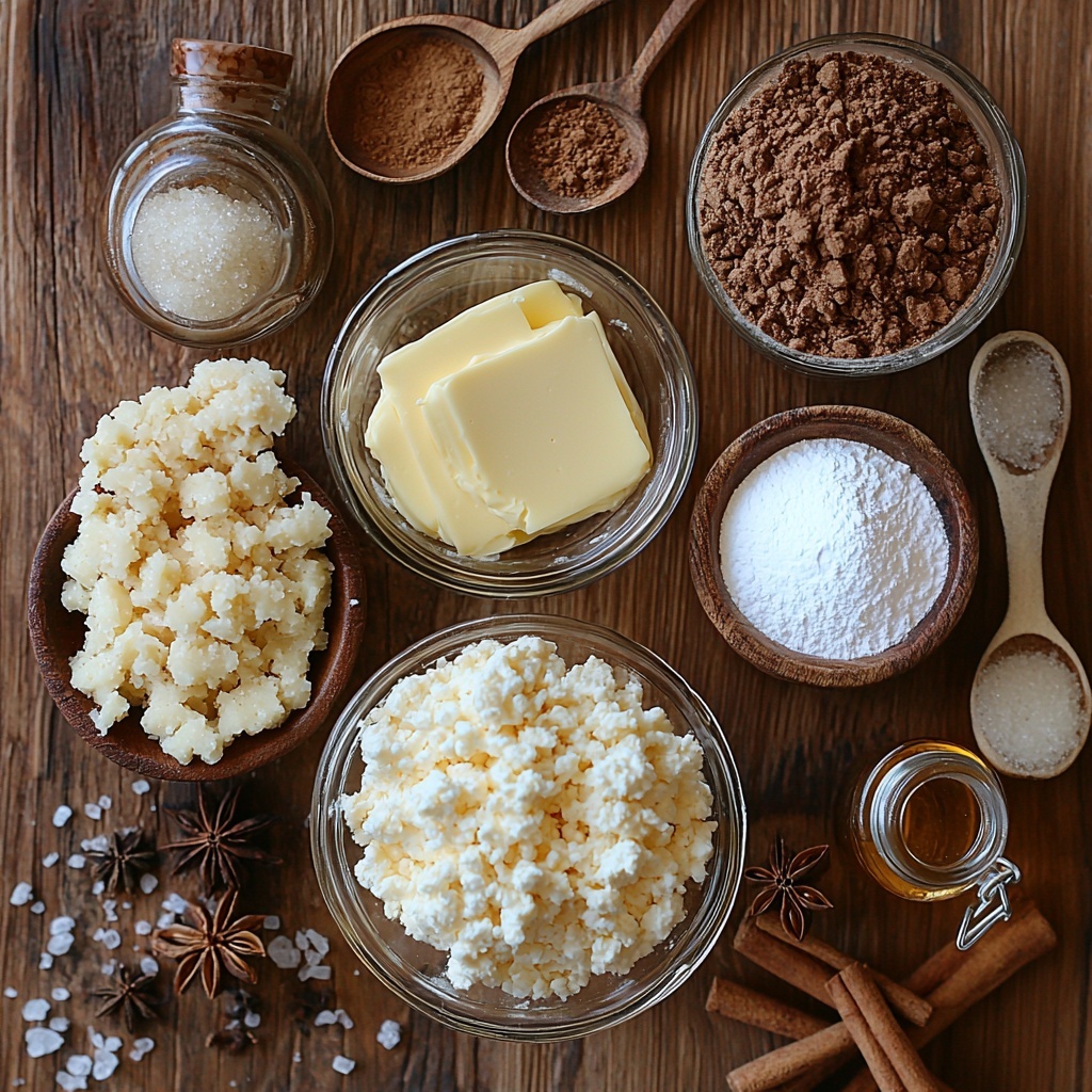 A clean, bright wooden surface neatly arranged with key ingredients for gingerbread cheesecake: a small glass bowl of finely crushed gingersnap cookie crumbs with visible warm brown tones and crumbly texture; a small copper bowl holding melted golden butter glistening under soft light; a delicate ceramic spoon with dark, sticky molasses; a rustic small dish of light brown soft brown sugar crystals; a tiny heap of fine white powdered sugar on a white porcelain plate; a smooth block of full-fat cream cheese with a slight sheen on parchment paper; a generous swirl of airy whipped cream in a clear glass bowl showing fluffy white peaks; a vintage measuring spoon holding ruby-brown ground cinnamon; another spoon with warm orange-brown ground ginger; a smaller one with pale beige ground nutmeg; a tiny glass bottle of pure vanilla extract with rich amber liquid visible inside; and a pinch of coarse salt sprinkled artistically on the surface. Ingredients spaced evenly with natural shadows, styled with a cozy, warm holiday vibe, subtle highlights to emphasize textures, soft diffused natural light, crisp focus on all elements, minimal props, overhead shot, top down view, flat lay photography, professional food styling --ar 1:1 --q 2 --s 750 --v 6.1