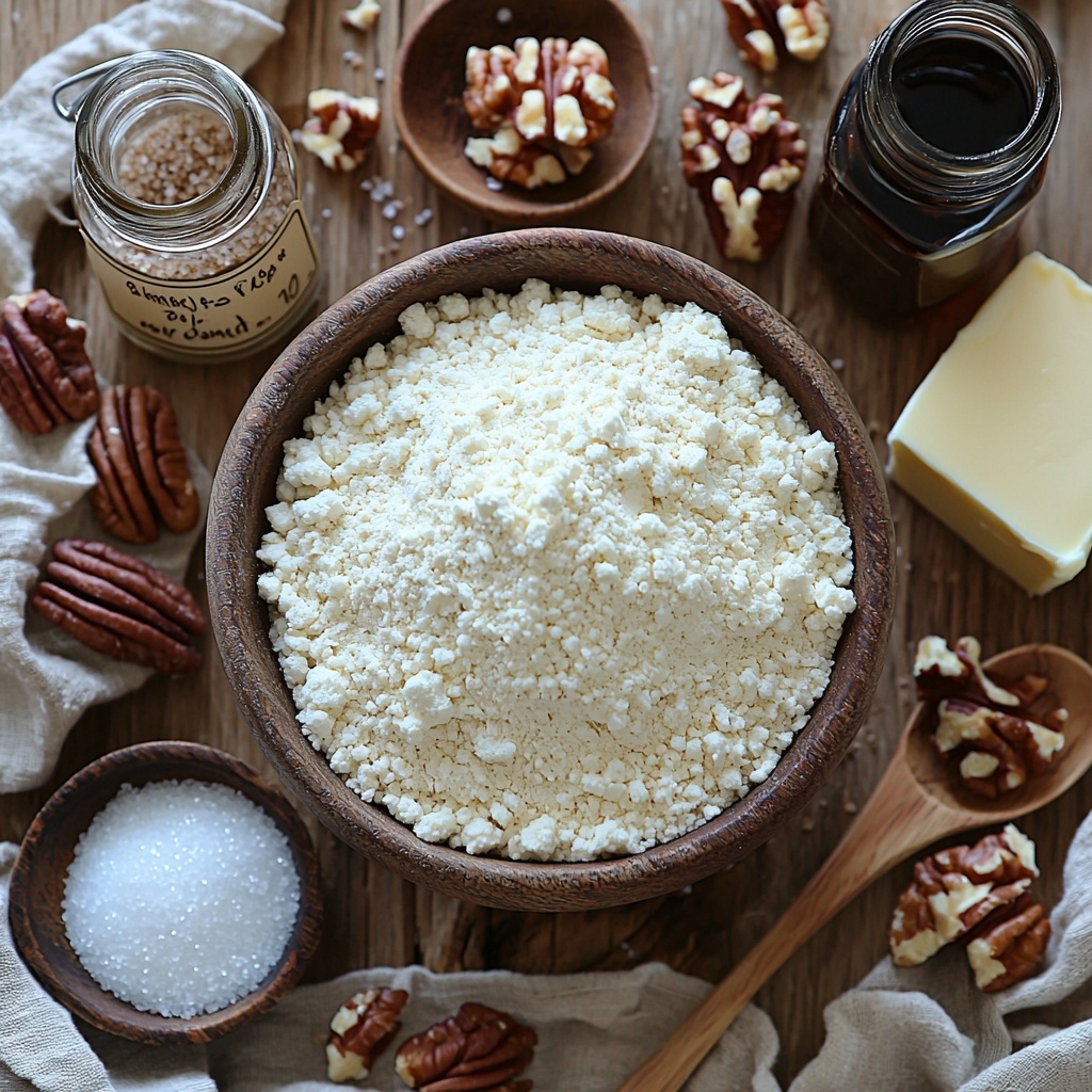 Self-rising flour in a small rustic ceramic bowl with soft white powder texture, granulated sugar in a clear glass jar showing fine crystalline texture, milk in a vintage measuring cup with creamy white color, a small glass bottle of vanilla extract with dark amber liquid, packed brown sugar in a wooden bowl showcasing rich caramel colors and moist clumps, chopped pecans scattered loosely on a natural linen cloth displaying warm brown tones and textured nut pieces, a stick of unsalted butter partially unwrapped on wax paper revealing smooth pale yellow surface, a small pinch of salt crystals on a tiny white dish, and a clear glass filled with steaming boiling water visible in soft focus; all ingredients thoughtfully spaced on a clean light wood surface that has subtle grain, natural daylight casting soft shadows, neutral background to emphasize warm tones and textures, minimal props including a linen napkin and wooden spoon placed artfully for balance, overhead shot, top down view, flat lay photography, professional food styling --ar 1:1 --q 2 --s 750 --v 6.1