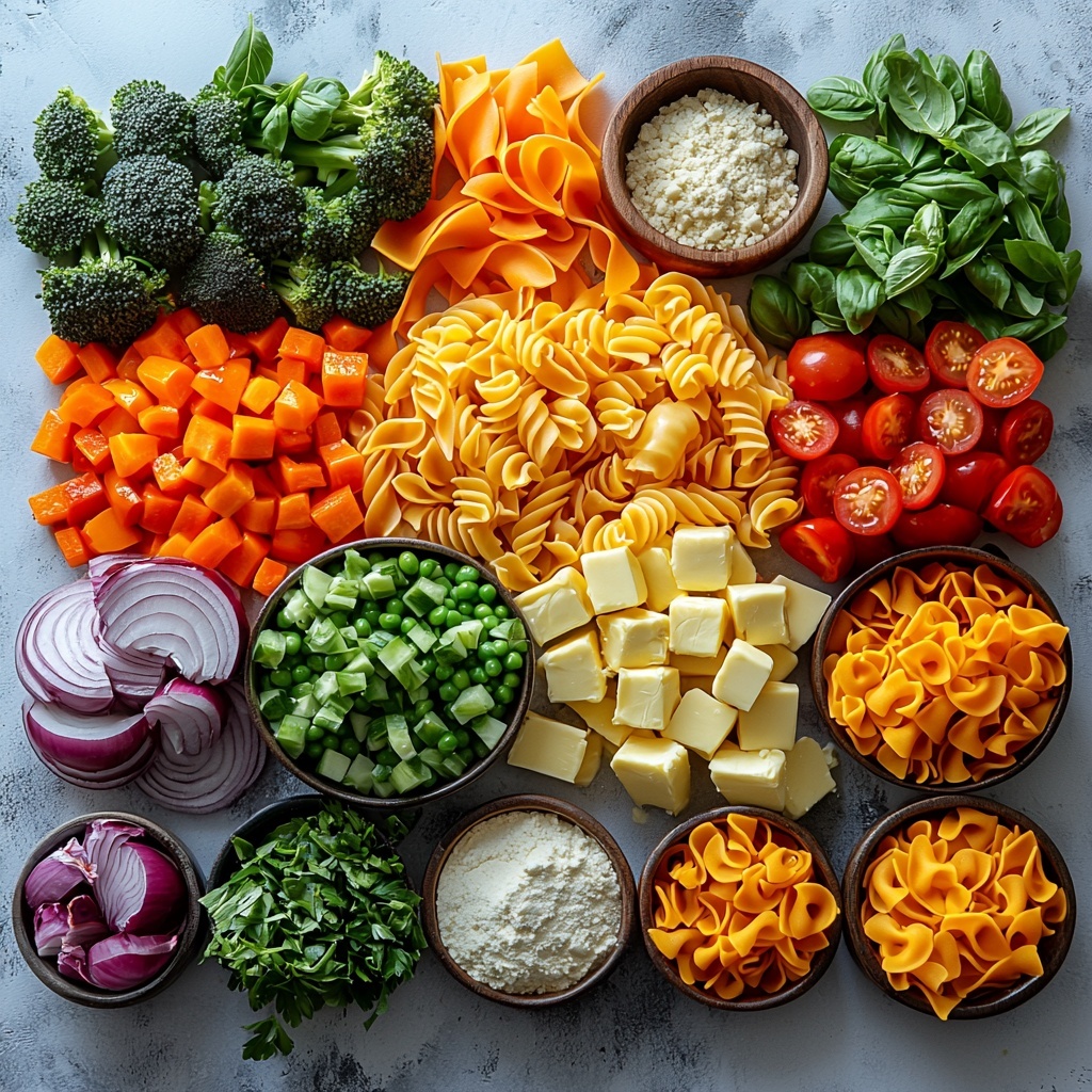 A vibrant flat lay of fresh ingredients for Pasta Primavera arranged neatly on a clean white marble surface: bright green broccoli florets cut into bite-sized pieces, crisp julienned orange carrots, thinly sliced deep purple red onion, glossy red bell pepper slices, chunks of pale green zucchini, scattered bright green frozen peas, juicy halved cherry tomatoes in rich red hues, three golden cloves of minced garlic, a small mound of pale yellow butter, a wooden bowl of golden olive oil, a small pile of off-white flour, a wedge or small bowl of finely grated creamy white Parmesan cheese, a heap of uncooked pale yellow ziti pasta, a fresh lemon halved with bright yellow flesh, and small containers of chicken broth with creamy half and half nearby. Also included are tiny spoons or piles of dried parsley, basil, oregano, mustard powder, and red pepper flakes, a white ceramic bowl with a crumbled chicken bouillon cube, and small glass dishes holding soy sauce and hot sauce. Salt and pepper grinders add rustic texture. The ingredients are carefully spaced with some overlapping edges to create visual interest, showcasing a variety of textures from smooth liquid to rough herbs and crisp veggies. Soft natural light highlights the freshness and vibrant colors, with gentle shadows adding depth. Overhead shot, top down view, flat lay photography, professional food styling --ar 1:1 --q 2 --s 750 --v 6.1