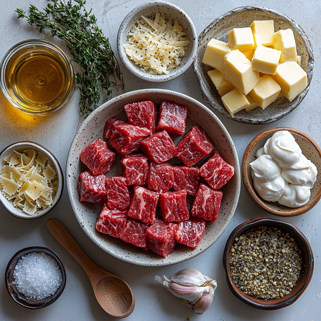 A clean white surface with a flat lay arrangement of ingredients for Cajun Steak Tips in Cheesy Rigatoni Parmesan Sauce: tender, raw sirloin or ribeye steak cubes with deep red and marbled white fat textures in a small rustic bowl; bright golden-yellow rigatoni pasta scattered loosely nearby; a small wooden spoon holding vibrant reddish-brown Cajun seasoning powder; a few glossy cloves of minced garlic resting on a minimalist ceramic dish; a small glass bowl of creamy, pale yellow unsalted butter; a clear bottle of golden olive oil with a slight sheen; a small white ramekin filled with rich, thick heavy whipping cream; freshly grated Parmesan cheese piled delicately on a textured plate showing off its fine, flaky white-to-ivory shreds; a small bowl of shredded mozzarella cheese showcasing soft, snowy white curls; tiny pinches of coarse sea salt and coarse black peppercorns artistically sprinkled around for contrast. Soft natural lighting emphasizes the vivid colors and contrasting textures—smooth creams, rough seasonings, and firm steak. The layout feels casual yet thoughtfully composed, with small gaps between ingredients to highlight each element clearly. Overhead shot, top down view, flat lay photography, professional food styling --ar 1:1 --q 2 --s 750 --v 6.1