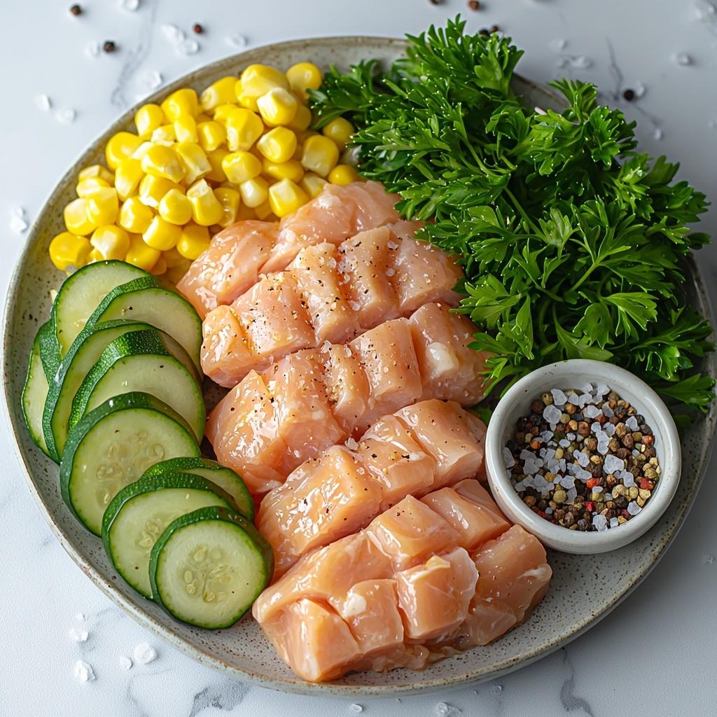 4 boneless, skinless chicken breasts raw, plump and smooth pale pink skinless meat, 4 tablespoons golden garlic butter with creamy texture in a small dish, 2 medium zucchinis sliced into thin green rounds with visible seeds and fresh crisp texture, 1 cup bright yellow corn kernels fresh or frozen, scattered loosely, coarse salt and black peppercorns artfully sprinkled nearby, fresh vibrant green parsley sprigs with delicate leaves, all neatly arranged on a clean white marble surface with soft natural light highlighting textures and colors, slight shadows for depth, minimal props to emphasize freshness and simplicity, overhead shot, top down view, flat lay photography, professional food styling --ar 1:1 --q 2 --s 750 --v 6.1