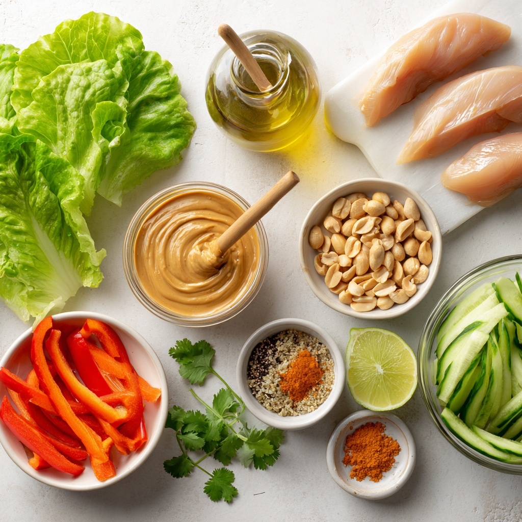 boneless skinless chicken breasts raw, a small bowl of creamy peanut butter smooth texture, honey in a small glass jar with a wooden dipper, olive oil in a clear glass bottle, ground cumin and turmeric and pepper in small white ceramic bowls, fresh large Boston or butter lettuce leaves bright green and crisp, thinly sliced red bell pepper matchsticks vivid red, matchstick carrots bright orange with a slightly rough texture, julienned Persian cucumbers pale green with dark green skin accents, chopped peanuts scattered in a small bowl showing crunchy texture, fresh cilantro sprigs vibrant green leaves, halved lime with bright green juicy flesh, small glass bowl with smooth peanut sauce pale tan color, all ingredients neatly arranged and spaced on a clean white matte surface, colors contrasting and vibrant, natural soft lighting enhancing textures and freshness, minimal shadows, overhead shot, top down view, flat lay photography, professional food styling --ar 1:1 --q 2 --s 750 --v 6.1