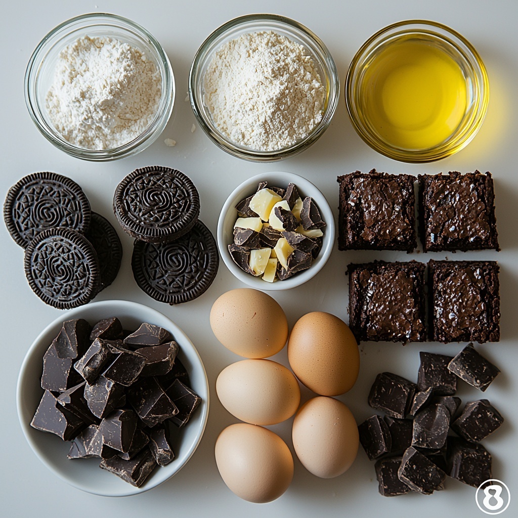A clean, bright white surface with all the main ingredients for Oreo brownies neatly arranged in an appealing flat lay composition: a small glass bowl of melted golden salted butter, a white ceramic bowl filled with sparkling white granulated sugar, a small clear dish with golden canola oil, a glass jar of amber vanilla extract with a wooden dipper, five large smooth brown eggs grouped together, a fine-mesh sieve holding white all-purpose flour dusted lightly around it, two small bowls—one with rich dark brown unsweetened cocoa powder and another with almost black black cocoa powder, a tiny white ramekin of fine sea salt crystals, an elegant white plate with roughly chopped glossy milk chocolate chunks, a pile of whole black and white Double Stuf Oreos stacked neatly beside a small bowl of Oreo pieces, the different textures—from the powdery cocoa to the smooth butter and shiny chocolate—enhanced by soft natural light casting gentle shadows, minimalistic styling with subtle rustic touches like a wooden spoon and a faint dusting of flour around for visual interest, overhead shot, top down view, flat lay photography, professional food styling --ar 1:1 --q 2 --s 750 --v 6.1