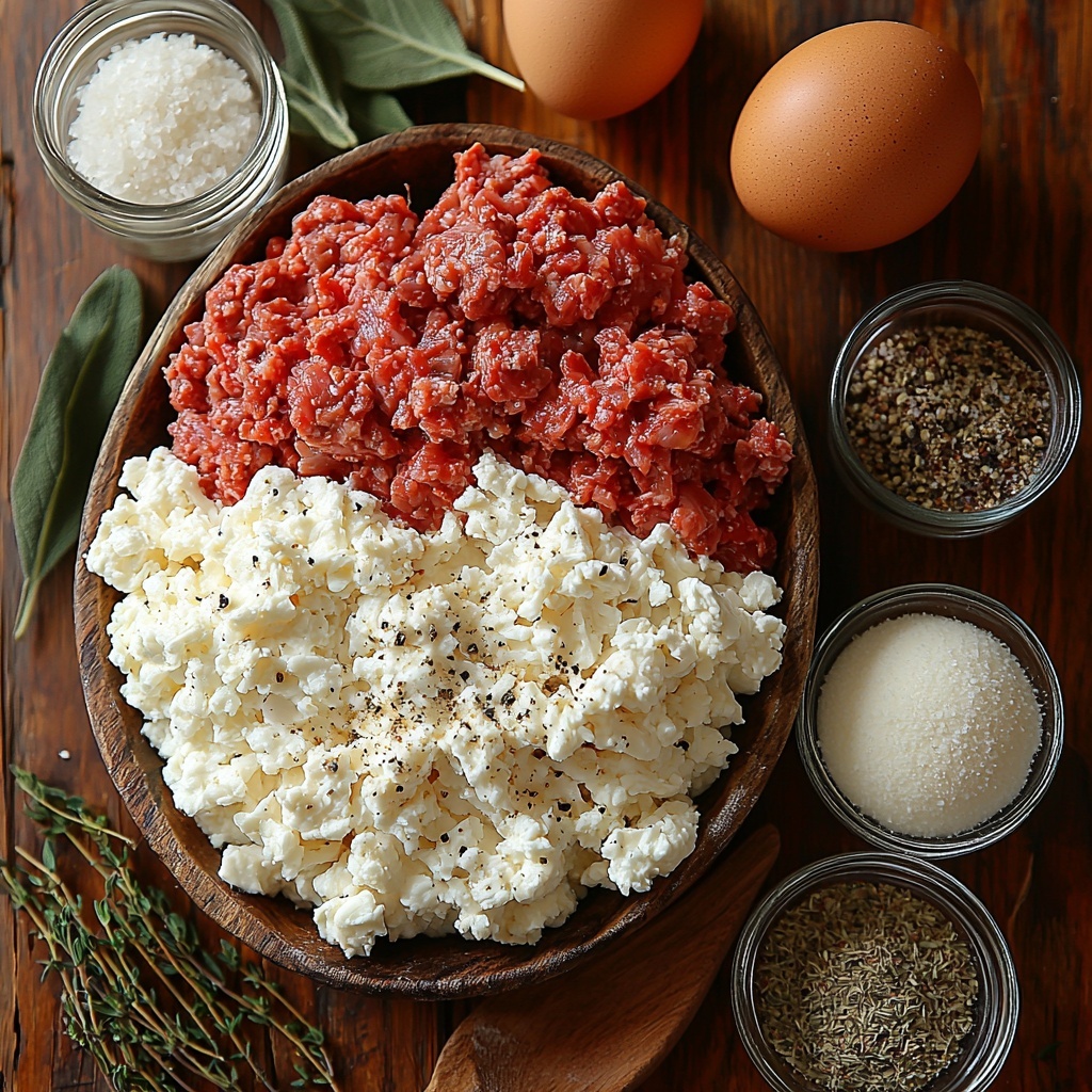 1 lb raw ground beef in a small rustic bowl showing rich red texture, scattered loose crumbles beside it; 1 cup shredded sharp cheddar cheese bright orange, fluffy and piled high in a white ceramic dish; 1 cup shredded mozzarella cheese pure white, soft strands in a clear glass bowl; small glass bowls of dry spices — 1 tsp garlic powder pale beige, 1 tsp onion powder light cream, 1 tsp salt sparkling white crystals, ½ tsp black pepper dark coarse specks; a smooth, unrolled sheet of pale, slightly glossy refrigerated pizza dough laid flat with gentle folds visible; a wooden spoon resting on the dough dusted lightly with flour; a small white ramekin filled with coarse sea salt sparkling like tiny crystals; a clear glass measuring cup with 1 cup of fine white baking soda powder beside it; a large brown egg cracked open in a shallow white dish showing bright yellow yolk and translucent whites; all ingredients arranged neatly and thoughtfully spaced out on a clean, neutral-toned wooden surface with soft natural light casting gentle shadows to highlight textures and colors, minimalistic styling with subtle pops of color from the cheeses and spices, overhead shot, top down view, flat lay photography, professional food styling --ar 1:1 --q 2 --s 750 --v 6.1
