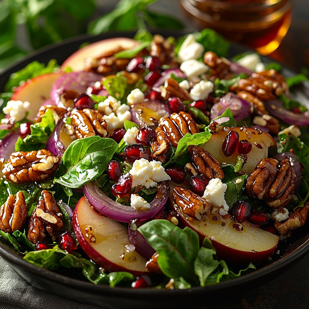 mixed baby greens with vibrant deep green leaves, thinly sliced red onion rings in light purple hues cut into 2-inch pieces, unpeeled ripe pear slices showing pale yellow flesh and soft textures arranged in small neat groups, jewel-like red pomegranate arils scattered evenly, roughly chopped glazed pecans with glossy brown caramelized surfaces, crumbly white feta cheese sprinkled lightly, a small glass bowl of golden amber Maple Dijon Vinaigrette placed to the side; all ingredients artfully arranged on a clean white surface with natural daylight highlighting the fresh colors and contrasting textures, slight shadows adding depth, minimalistic rustic styling with a few small basil leaves for accent, crisp and vibrant overhead shot, top down view, flat lay photography, professional food styling --ar 1:1 --q 2 --s 750 --v 6.1