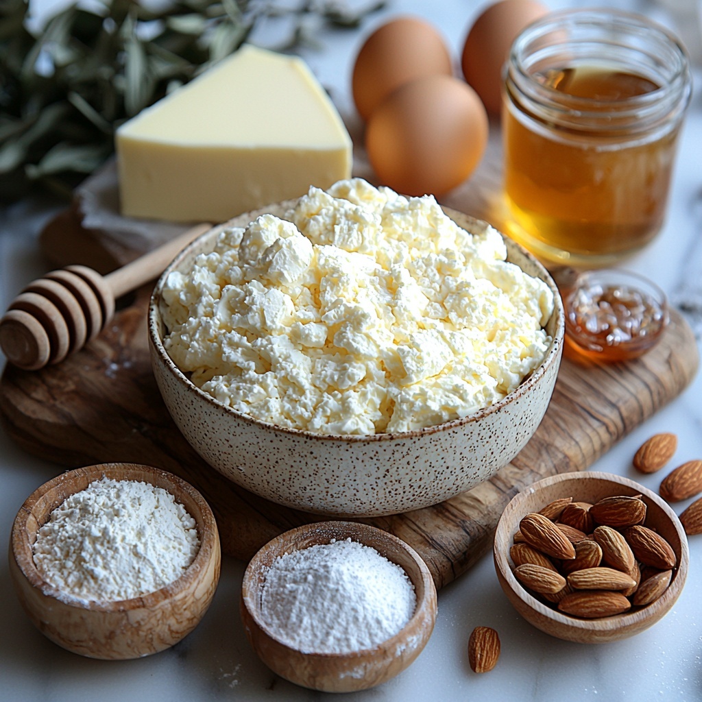 Butter (room temperature, creamy pale yellow block), white granulated sugar in a small glass bowl, sour cream in a ceramic bowl with smooth, glossy texture, amber-colored amaretto in a clear small measuring cup, two large brown eggs, all-purpose flour in a rustic linen-lined bowl showing soft powdery texture, baking soda and salt in tiny white porcelain spoons, milk in a transparent glass measuring cup, a stick of salted butter with a slightly glossy surface, heavy whipping cream in a small glass pitcher with thick liquid shine, golden honey in a small jar with wooden dipper, sifted powdered sugar lightly dusted around the setup, delicate sliced almonds scattered artistically on a wooden cutting board. All ingredients neatly arranged on a clean white marble surface with natural soft daylight highlighting textures and subtle shadows, minimal props, warm and inviting color palette emphasizing creamy whites, soft yellows, and warm browns. Overhead shot, top down view, flat lay photography, professional food styling --ar 1:1 --q 2 --s 750 --v 6.1