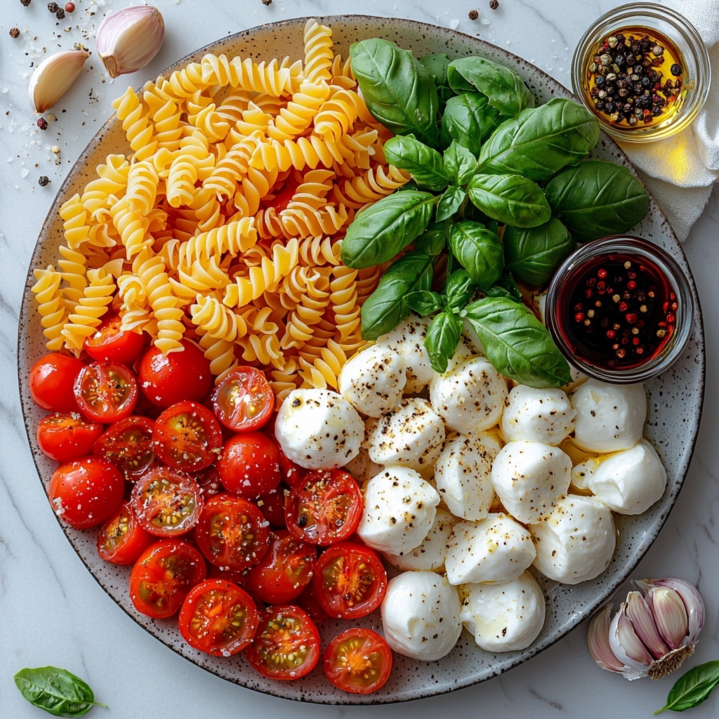 A flat lay arrangement of Caprese pasta salad ingredients on a clean white marble surface: uncooked short pasta varieties like fusilli and penne scattered loosely in a small pile showcasing their spiral and tubular shapes with pale golden hues; shiny, round mozzarella ciliegine balls grouped neatly in a small white ceramic bowl, some cut in half to reveal their soft, creamy texture; vibrant red cherry tomatoes sliced in half, their juicy interiors glistening and arranged artfully beside fresh, bright green slivered basil leaves that add a pop of color and a delicate leafy texture; a small glass jar of rich, golden extra virgin olive oil with light reflections on its surface; a tiny bowl containing translucent white balsamic vinegar next to a peeled garlic clove showing its smooth white surface; coarse kosher salt crystals sprinkled lightly in a small dish, alongside a heap of freshly ground black pepper with its coarse, speckled texture; all ingredients spaced organically yet balanced with natural daylight highlighting their freshness and vivid colors, casting soft shadows for depth; minimalist styling with subtle rustic elements like a wooden spoon and linen napkin softly folded at the edge. Overhead shot, top down view, flat lay photography, professional food styling --ar 1:1 --q 2 --s 750 --v 6.1