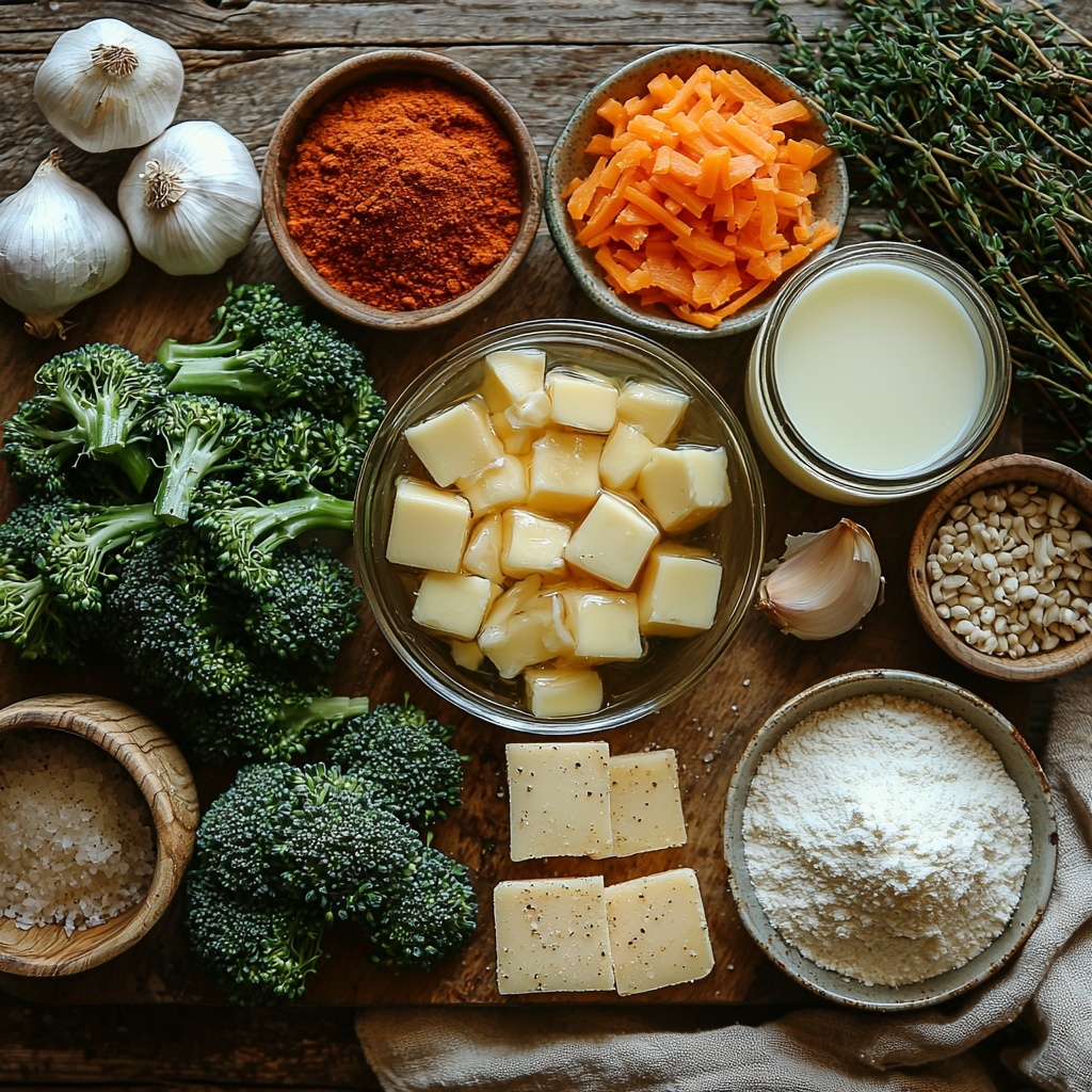 quarter cup unsalted butter in a small glass dish, medium diced onion scattered lightly nearby, two cloves of garlic whole and minced placed on a rustic wooden board, quarter cup all-purpose flour in a small white ceramic bowl, a clear measuring cup filled with golden vegetable broth or chicken broth, a glass jug with whole milk showing creamy white texture, small bowls of salt, paprika with its rich red tone, and black peppercorns, large fresh broccoli head chopped into bright green small florets arranged in a neat cluster, a large carrot finely grated showing vibrant orange shreds on a neutral linen cloth, freshly grated smoked gouda cheese in a small heap with its pale yellow creamy texture visible on a dark slate plate, all ingredients laid out on a clean light wooden surface with soft natural lighting casting gentle shadows, pops of green, orange, yellow, and warm earth tones, minimalistic props with linen napkins and wooden spoons to add cozy warmth, clean and airy composition with careful spacing to emphasize textures and colors, overhead shot, top down view, flat lay photography, professional food styling --ar 1:1 --q 2 --s 750 --v 6.1