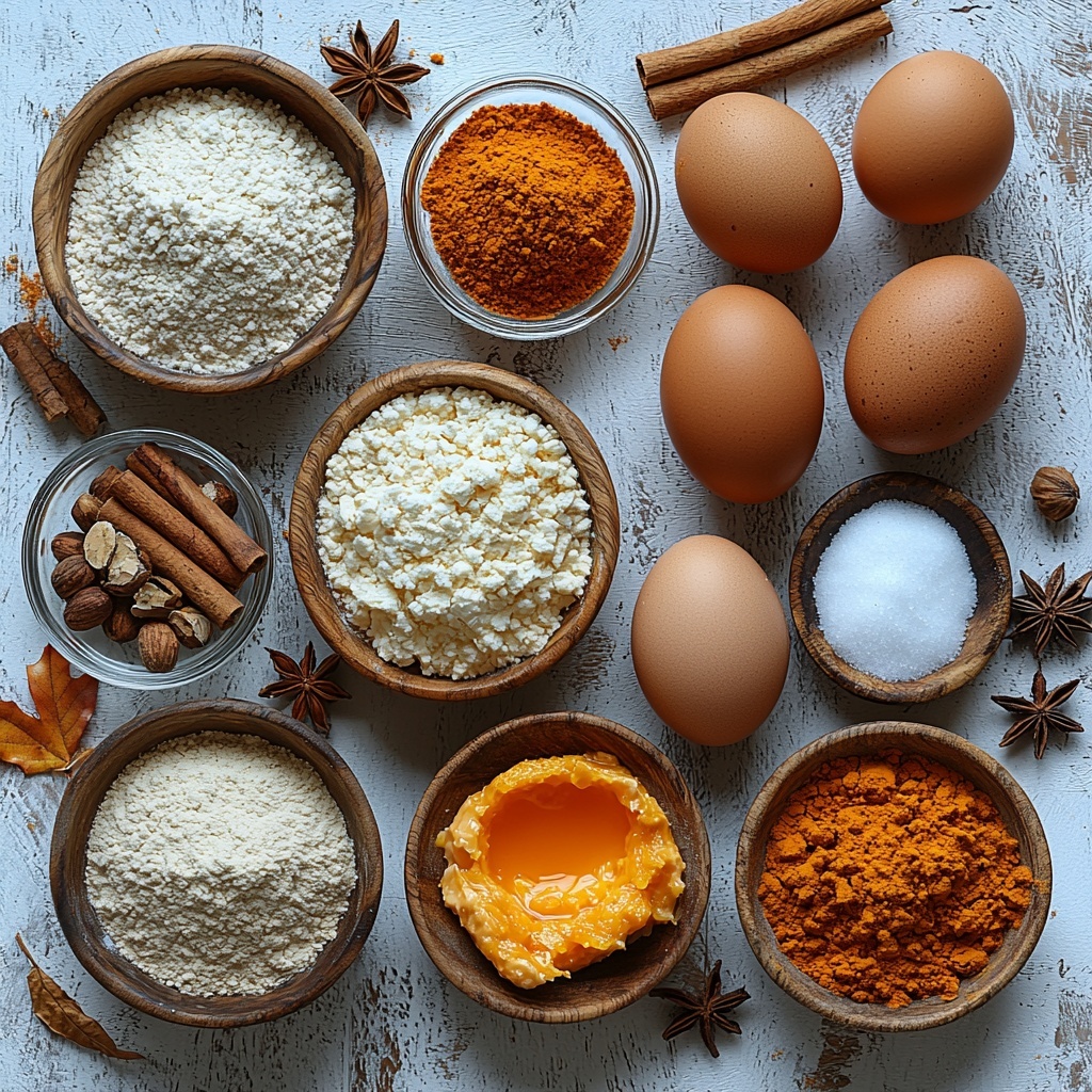 A clean, bright surface with all main ingredients for pumpkin cheesecake muffins artfully arranged: a small mound of pale beige all-purpose flour next to a wooden bowl with warm orange pumpkin puree; a cluster of large brown eggs with smooth shells; small glass bowls containing light and dark brown sugars; a shallow dish of golden vegetable oil reflecting soft light; a block of creamy white full-fat cream cheese with a spoonful scooped out, and a tiny bowl of fine white granulated sugar; scattered cinnamon sticks and a heap of mixed pumpkin pie spice with warm brown and orange hues; a vintage silver teaspoon of rich vanilla extract; a small heap of fine baking soda powder, and a pinch of coarse salt crystals. Textures contrast between powdery flour and baking soda, smooth silky cream cheese, glossy eggs, and moist pumpkin puree. The ingredients are spaced evenly yet organically, styled with minimal props like linen napkins and dried autumn leaves for a cozy seasonal vibe. Soft natural light with gentle shadows enhance the colors and textures. Overhead shot, top down view, flat lay photography, professional food styling --ar 1:1 --q 2 --s 750 --v 6.1