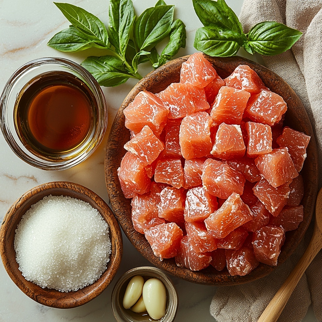 chicken thighs sliced into bite-sized pieces, raw and pale pink with glistening texture; small rustic bowl of dark brown sugar crystals; clear glass measuring cup filled with deep amber soy sauce mixed with light brown water; small ceramic dish holding fine white garlic powder; tiny bowl with glossy golden sesame oil; wooden spoon scooping white cornstarch powder; small ramekin containing cold clear water; all ingredients carefully arranged on a smooth, clean white marble surface with natural soft daylight casting gentle shadows; minimal props including a linen napkin in neutral tones and subtle green sprigs of fresh herbs to add freshness and color contrast; emphasis on natural textures and harmonious color palette featuring warm browns, soft pinks, and subtle whites overhead shot, top down view, flat lay photography, professional food styling --ar 1:1 --q 2 --s 750 --v 6.1