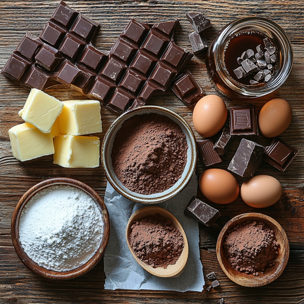 softened butter sticks and cubes, granulated white sugar in a small glass bowl, rich brown sugar in a rustic ceramic dish, two large fresh eggs with smooth shells, a small glass jar of vanilla extract with dark amber liquid, fine unsweetened cocoa powder in a neat heap on parchment paper, white all-purpose flour dusted lightly on a wooden scoop and scattered lightly, a small bowl of shiny semi-sweet chocolate chips, metal measuring spoons with baking soda and salt powders, powdered sugar piled softly in a clear bowl, a small dish of glossy light corn syrup, a small pitcher of creamy heavy cream, colorful chocolate sprinkles scattered artistically nearby; all ingredients arranged thoughtfully on a clean, light wooden surface with soft natural lighting highlighting warm brown, creamy white, and deep chocolate tones, emphasizing varied textures from smooth and powdery to glossy and granular, minimalist props like a wooden spoon and linen napkin placed casually to add warmth and depth; overhead shot, top down view, flat lay photography, professional food styling --ar 1:1 --q 2 --s 750 --v 6.1