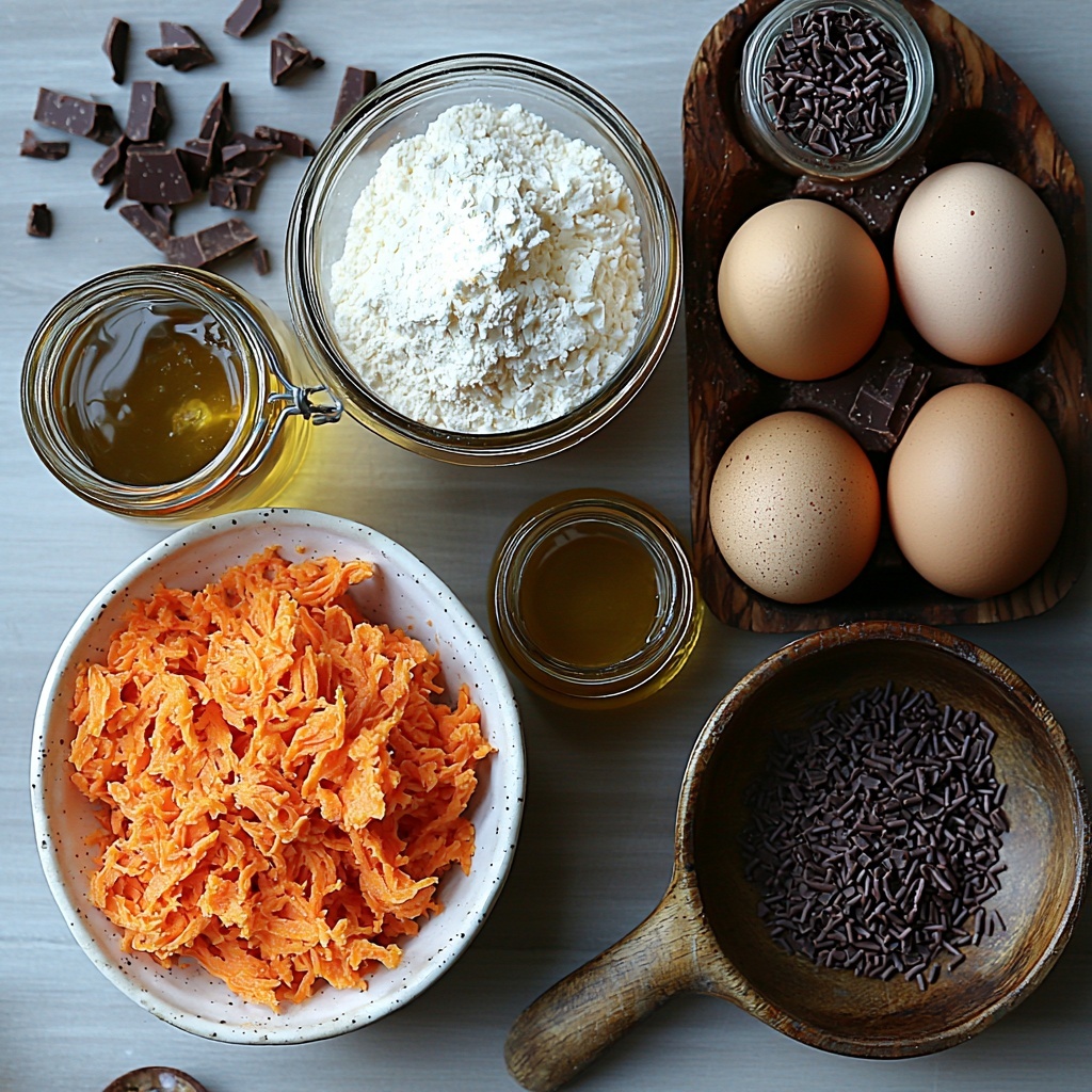 2 cups grated bright orange carrots in a small white bowl, 1 cup granulated white sugar in a glass jar, 1 cup golden vegetable oil in a clear measuring cup, 4 large brown eggs arranged beside the oil, 2 cups all-purpose flour in a rustic ceramic bowl, 1 tablespoon white baking powder in a small white dish, ½ teaspoon salt in a delicate porcelain spoon, 1 cup rich dark brown unsweetened cocoa powder in a wooden bowl, 1 can shiny silver can of sweetened condensed milk with label visible, 2 tablespoons creamy yellow butter on a small vintage plate, 1 teaspoon amber vanilla extract in a tiny glass bottle, a scattered handful of shiny dark chocolate sprinkles on the surface nearby — all neatly arranged on a clean matte white surface with soft natural light, subtle shadows for depth, minimal props, fresh and inviting food styling emphasizing contrasting textures and vibrant colors, slight rustic touch with wooden and ceramic elements, overhead shot, top down view, flat lay photography, professional food styling --ar 1:1 --q 2 --s 750 --v 6.1