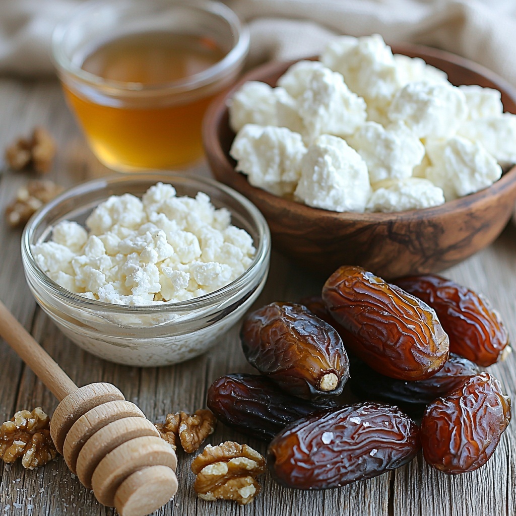 Medjool dates whole and pitted, glossy deep brown with wrinkled texture; creamy white goat cheese in a rustic bowl, smooth and soft; chopped walnuts scattered nearby, rich tan with rough chunks; small glass dish of golden honey catching light, thick and sticky; teaspoon of coarse salt crystals in a minimal white dish. All ingredients arranged neatly on a clean, light wood surface with natural soft daylight illuminating textures and shadows, warm inviting tones, subtle linen napkin folded beside the bowls, wooden spoon resting gently near the honey dish. Overhead shot, top down view, flat lay photography, professional food styling --ar 1:1 --q 2 --s 750 --v 6.1