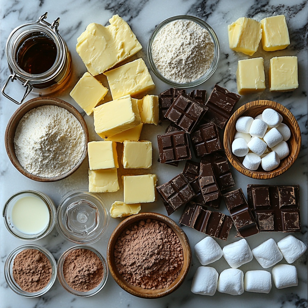 Unsalted butter chunks and cubes of Kerrygold butter, a heaping mound of granulated white sugar in a clear glass bowl, small pool of golden canola oil in a white ceramic dish, a glass bottle with vanilla extract, five large Vital Farms eggs with smooth brown shells, a neat pile of King Arthur all-purpose flour with soft powdery texture, Dutch-process cocoa powder in a rustic wooden bowl showing rich, dark brown velvety texture, coarse grains of salt scattered lightly near cocoa, chunks of dark and milk chocolate from Trader Joe’s Pound of Chocolate bar showcasing glossy, deep brown blocks, a generous mound of fluffy white mini marshmallows spilling slightly from a small jar, six tablespoons of salted butter in a melting state within a small stainless steel saucepan, powdered sugar sifted into a clean white bowl with a fine snowy texture, a small bowl of dark unsweetened cocoa powder with matte velvety surface, a glass of whole milk with creamy white color, and a tiny bottle of vanilla extract. All ingredients are carefully spaced and arranged on a clean white marble surface with subtle natural light casting gentle shadows, styled with minimalistic rustic props such as a wooden spoon, a metal whisk, and a folded linen napkin for warmth and texture. Overhead shot, top down view, flat lay photography, professional food styling --ar 1:1 --q 2 --s 750 --v 6.1