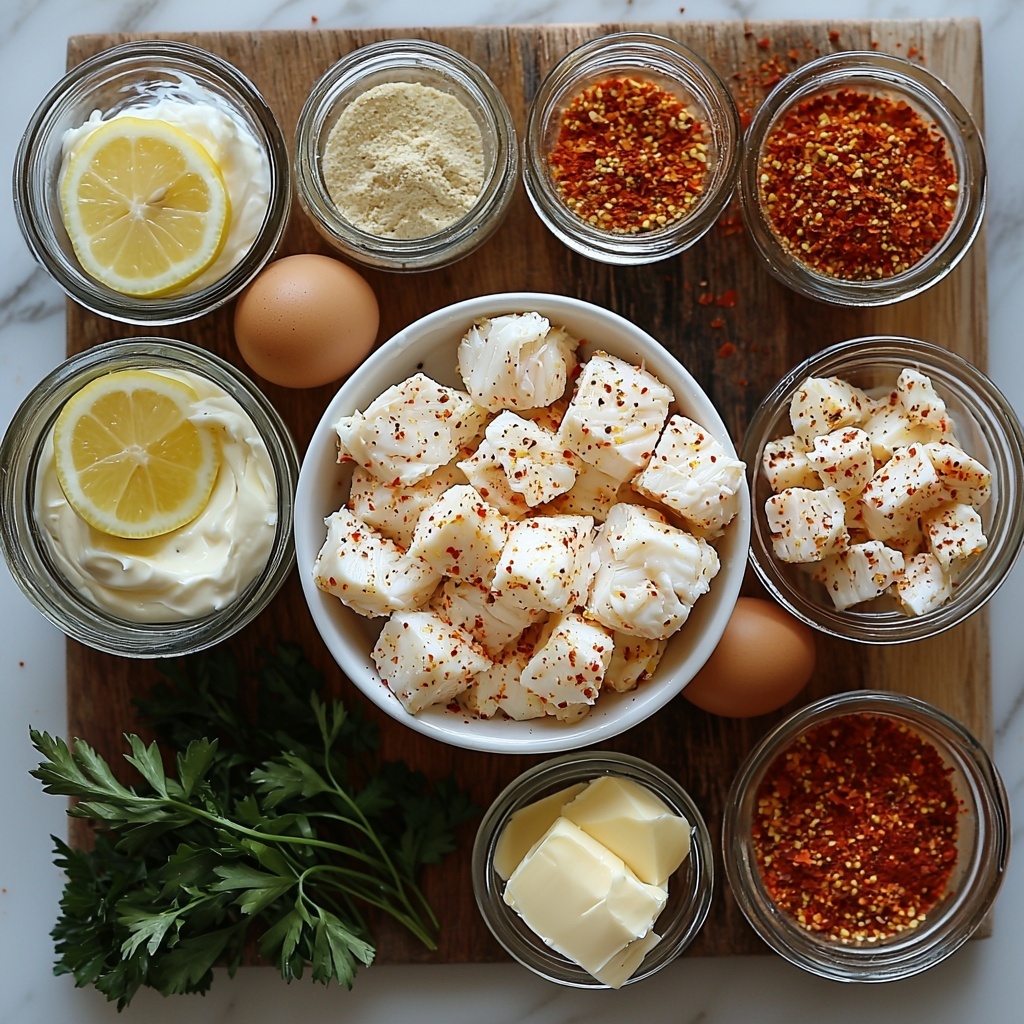 lump crab meat in a small white bowl with large, moist crab chunks, creamy white mayonnaise in a glass jar, a lightly beaten egg in a clear ramekin showing pale yellow texture, a small ceramic dish with smooth Dijon mustard, a tiny bowl of dark Worcestershire sauce, fresh lemon half with bright yellow flesh, a small rustic bowl of Old Bay seasoning with reddish-brown specks, paprika powder sprinkled lightly on a white ceramic plate, coarse salt and cracked black pepper in matching glass bowls, finely diced vibrant red bell pepper on a small wooden board, fresh bright green chopped parsley scattered lightly on a linen napkin, plain golden breadcrumbs in a small white bowl next to a small glass bowl of melted golden unsalted butter, arranged neatly on a clean white marble surface with soft natural light casting gentle shadows, textures crisp and colors vivid, styled with a few fresh parsley sprigs and a lemon wedge as accents, overhead shot, top down view, flat lay photography, professional food styling --ar 1:1 --q 2 --s 750 --v 6.1