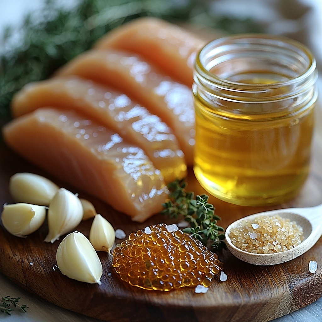 olive oil in a small glass bowl with a golden sheen, three tablespoons of rich amber honey in a clear jar, a spoonful of textured whole grain mustard showcasing visible mustard seeds, smooth pale yellow Dijon mustard on a white ceramic spoon, a small heap of coarse salt crystals, two peeled garlic cloves next to finely minced garlic on a wooden cutting board, four raw boneless skinless chicken breasts with a pale pink hue and slight sheen arranged neatly in a row, sprigs of fresh vibrant green thyme placed artfully nearby for garnish, all ingredients laid out on a clean white surface with soft natural lighting emphasizing colors and textures, minimal shadows, subtle rustic props like a natural linen napkin and wooden spoon to add warmth and contrast, overhead shot, top down view, flat lay photography, professional food styling --ar 1:1 --q 2 --s 750 --v 6.1
