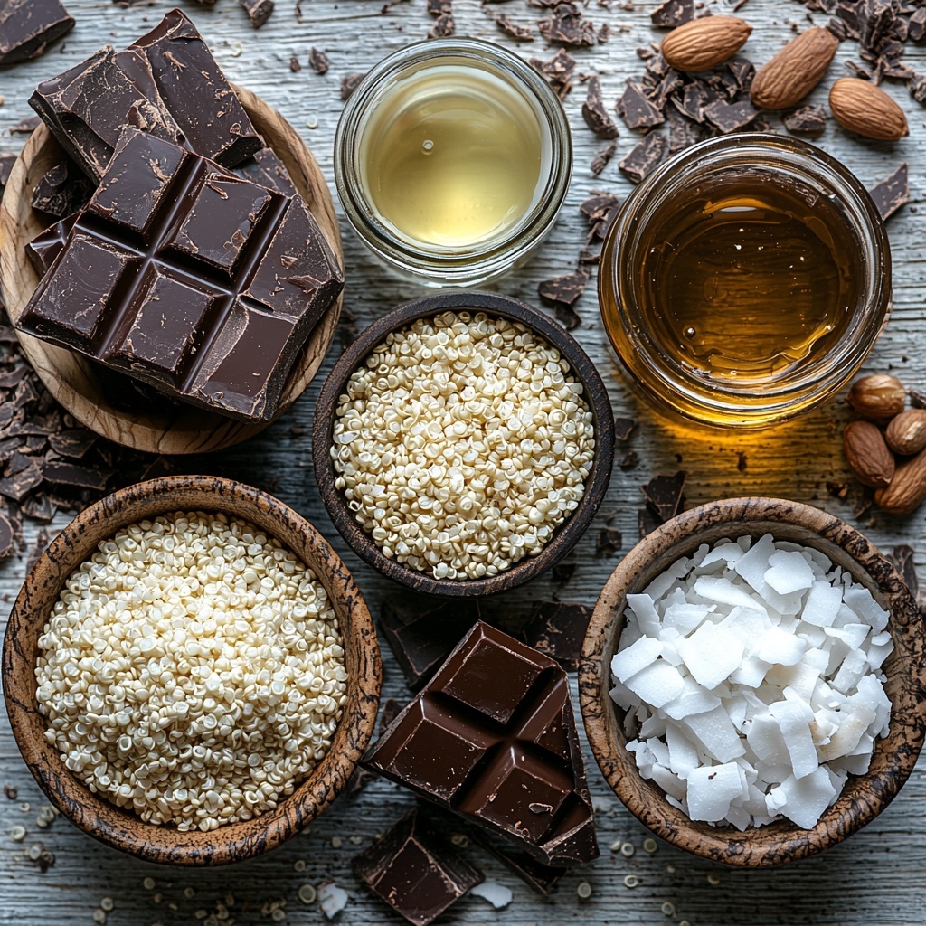 A clean, light wooden surface arranged with the main ingredients for healthy quinoa chocolate crisps: a small glass bowl filled with creamy white coconut oil, a tiny glass jar of golden vanilla extract with a wooden cork, a mound of puffed quinoa showing its airy, beige texture, a small rustic bowl heaped with snowy white shredded coconut flakes, and a block of rich, dark chocolate partially chopped with smooth glossy chunks beside it. The ingredients are spaced evenly in a harmonious composition with natural soft lighting to highlight the varied textures—the shiny melted chocolate contrasts with the fluffy quinoa and flaky coconut. Subtle shadows create depth, with a few scattered quinoa grains and coconut flakes adding organic charm. The overall mood is fresh, inviting, and natural, perfect for a health-conscious recipe feature. Overhead shot, top down view, flat lay photography, professional food styling --ar 1:1 --q 2 --s 750 --v 6.1