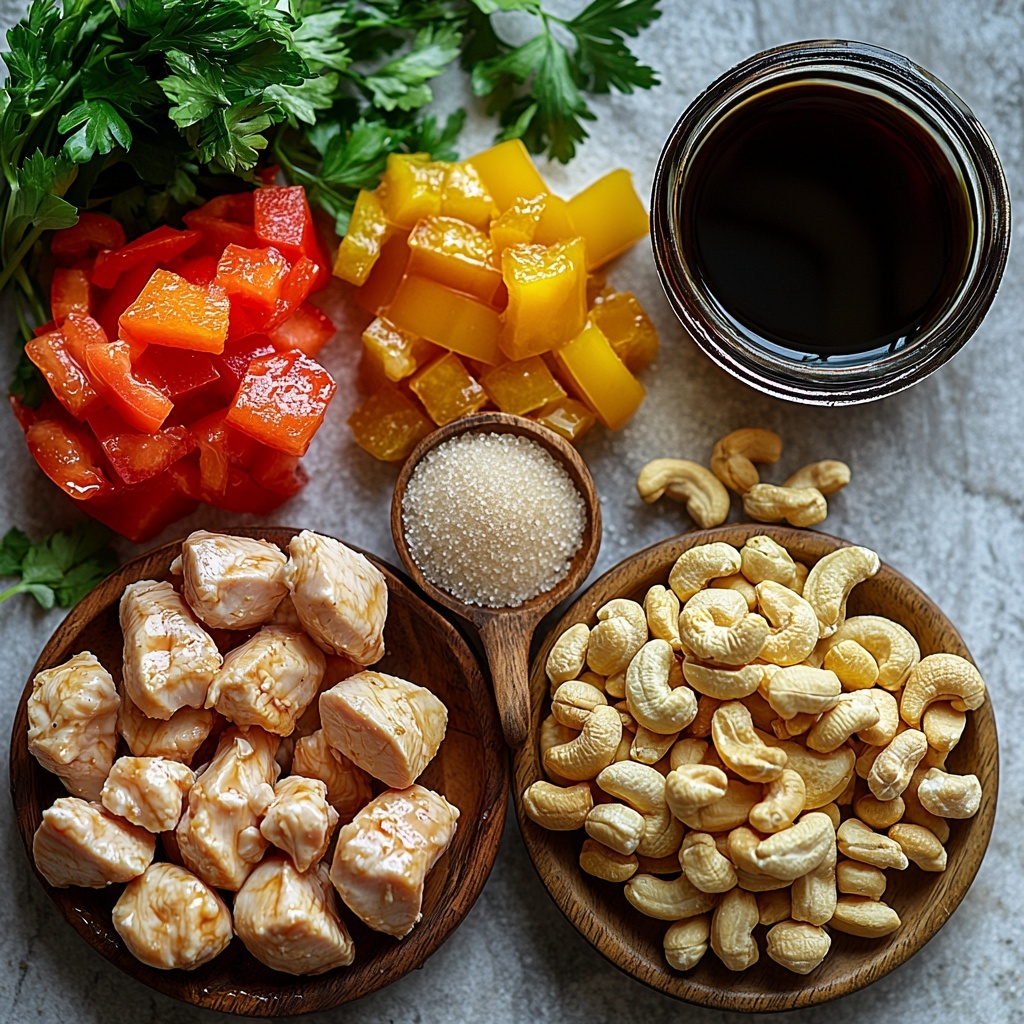 4 boneless skinless chicken breasts cut into bite-sized pieces, fresh minced garlic cloves, vibrant sliced bell peppers in red, yellow, and green hues, a small bowl of crispy unsalted cashews, a clear glass container with dark low-sodium soy sauce, a rustic wooden spoon holding golden brown sugar, a small mound of pale white cornstarch, and a small clear dish of golden cooking oil arranged neatly and spaced out on a clean white marble surface. Ingredients styled with natural daylight highlighting the varied textures — the smooth chicken pieces, the glossy bell peppers, the rough cashews, and fine powders — with fresh green herb sprigs for accent and soft shadows for depth. Overhead shot, top down view, flat lay photography, professional food styling --ar 1:1 --q 2 --s 750 --v 6.1
