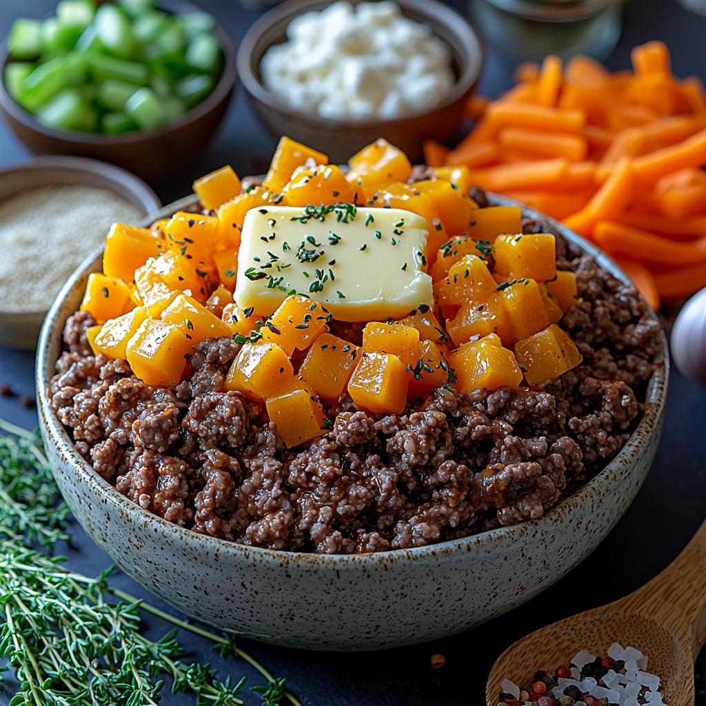 ground beef in a rustic bowl showcasing its rich brown color and crumbly texture, small vintage bowls with dried oregano and dried thyme sprinkled around, six tablespoons of glossy butter stacked neatly on a small white ceramic dish, a heap of diced yellow onions with their translucent layers visible, vibrant orange sliced carrots and fresh green celery stalks fanned out beside each other, five cloves of garlic with papery skins partially peeled, a small mound of fine white flour on a wooden spoon, a clear glass measuring cup filled with golden chicken broth catching the light, uncooked elbow macaroni noodles spilling slightly from a simple white ramekin, a smooth swirl of heavy cream in a miniature white bowl, a pile of shredded sharp cheddar cheese showing bright bold orange shreds, a small glass container with clear white balsamic vinegar, coarse kosher salt crystals and cracked black peppercorns scattered artfully on a clean white surface, four sesame seed buns cut into perfect 1-inch cubes with visible seeds, glistening with olive oil in a tiny dish, thinly sliced vibrant green onions presented in a small bowl, extra shredded cheddar cheese arranged in a small heap nearby; all ingredients arranged symmetrically on a crisp white background with natural light highlighting the fresh colors and textures, subtle soft shadows adding depth, clean and minimal styling emphasizing rustic and fresh home cooking vibes, overhead shot, top down view, flat lay photography, professional food styling --ar 1:1 --q 2 --s 750 --v 6.1