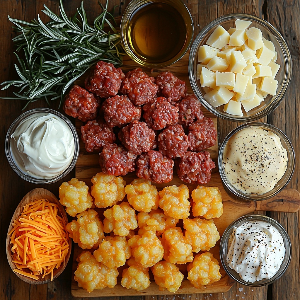 /Imagine prompt: A clean, light wooden surface arranged with the main ingredients for a hearty Tater Tot Casserole: a small glass bowl of golden olive oil glistening under soft light; a mound of raw, deep red lean ground beef with visible texture; a medium onion, half peeled and chopped finely, its white and purple layers contrasting; three plump garlic cloves with papery skins slightly peeled back; an open can of creamy, beige condensed cream of mushroom soup showcasing its smooth, velvety texture; a small rustic bowl filled with thick, white sour cream; a small dish of dark brown Worcestershire sauce reflecting the light; scattered grains of coarse salt and cracked black pepper on a tiny wooden spoon; a generous pile of bright orange shredded cheddar cheese with delicate curls and sharp edges; and a bag spilling out snowy white and golden frozen Tater Tots, some resting on the surface, highlighting their crispy texture potential. All ingredients are spaced evenly with natural shadows, styled with minimal greenery such as fresh rosemary sprigs for color contrast, emphasizing raw textures and vibrant colors. The scene is lit with soft, natural daylight from the side to enhance textures and colors, with subtle reflections on glass bowls. The composition is neat, balanced, and inviting, capturing the essence of classic comfort food preparation. Overhead shot, top down view, flat lay photography, professional food styling --ar 1:1 --q 2 --s 750 --v 6.1