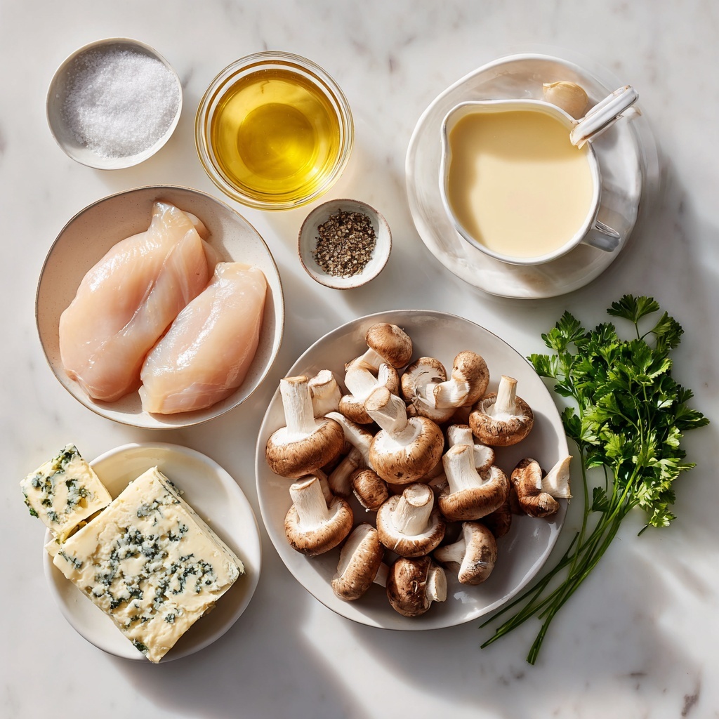 boneless skinless chicken breasts, small bowls with salt and black pepper, a small glass jar of golden olive oil, a pat of unsalted butter on a white dish, sliced brown mushrooms arranged in a neat pile, two cloves of garlic (one whole, one minced in a small white ramekin), a small clear cup of light golden chicken broth, a wedge of Boursin garlic & fine herbs cheese with visible green herb flecks on white creamy cheese, a small glass pitcher with rich pale cream, and a scattering of fresh bright green chopped parsley leaves—all carefully arranged in a balanced, harmonious composition on a clean white marble surface with soft natural light, subtle shadows adding depth, emphasizing the variety of textures from smooth cream and cheese to rough mushrooms and delicate parsley—overhead shot, top down view, flat lay photography, professional food styling --ar 1:1 --q 2 --s 750 --v 6.1