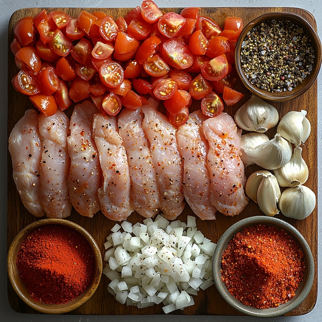 /Imagine prompt: A clean white surface thoughtfully arranged with the main ingredients for Instant Pot Chicken Tacos: three raw boneless skinless chicken breasts with a pale pink hue and smooth texture, a small pile of finely chopped translucent white onion, two peeled garlic cloves and a small mound of minced garlic showing rough texture, an opened can of vibrant red fire roasted tomatoes with visible charred bits, a small rustic wooden bowl containing deep red chili powder, another bowl with earthy brown cumin powder, a third bowl filled with bright orange paprika powder, a tiny dish holding coarse kosher salt crystals sparkling under soft light, and another small dish with dark speckled black pepper. Nearby, a bottle of golden olive oil reflects light subtly. The ingredients are spaced evenly with slight overlapping natural shadows, enhanced by soft, natural daylight creating gentle highlights and matte textures. The composition balances vibrant reds, warm browns, and neutral tones with clean negative space emphasizing freshness and simplicity. Styled for a crisp, inviting feel with minimal props, slight rustic touches, and clear focus on each ingredient’s unique texture and color. Overhead shot, top down view, flat lay photography, professional food styling --ar 1:1 --q 2 --s 750 --v 6.1