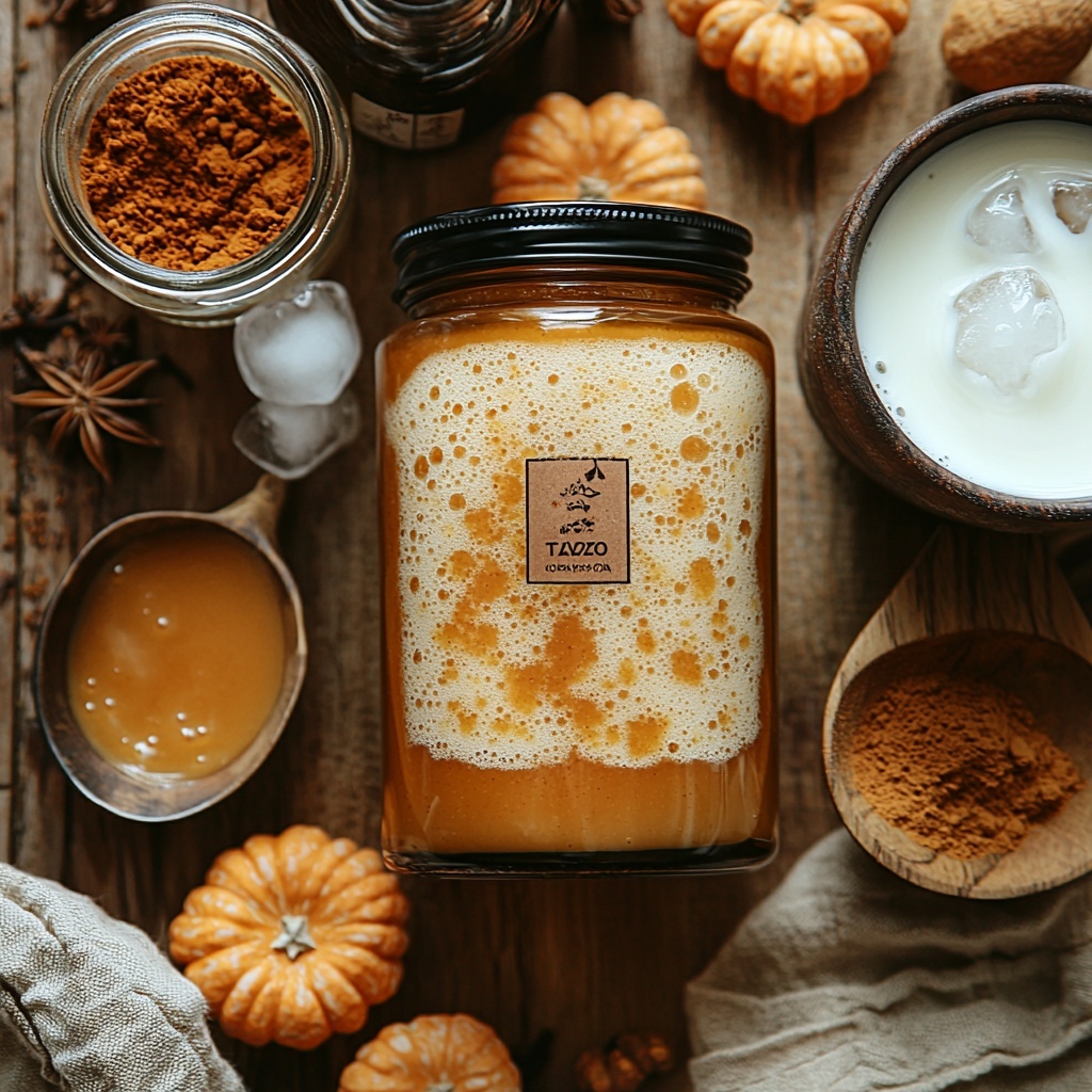 pumpkin spice sauce in a small clear jar showing its rich orange color and smooth texture, chai concentrate in a branded Tazo bottle with deep amber liquid inside, a glass filled partially with clear ice cubes sparkling under soft light, a small pitcher of creamy milk with a smooth, white surface, a rustic bowl of fluffy pumpkin cold foam with airy texture, a small wooden dish holding warm-toned pumpkin pie spice powder, all ingredients carefully arranged on a clean, light wood surface to create contrast and warmth, accented by soft natural light casting gentle shadows, minimal props including a silver spoon and a linen napkin with autumn hues, vibrant colors of orange, amber, white, and warm browns balanced for aesthetically pleasing composition overhead shot, top down view, flat lay photography, professional food styling --ar 1:1 --q 2 --s 750 --v 6.1