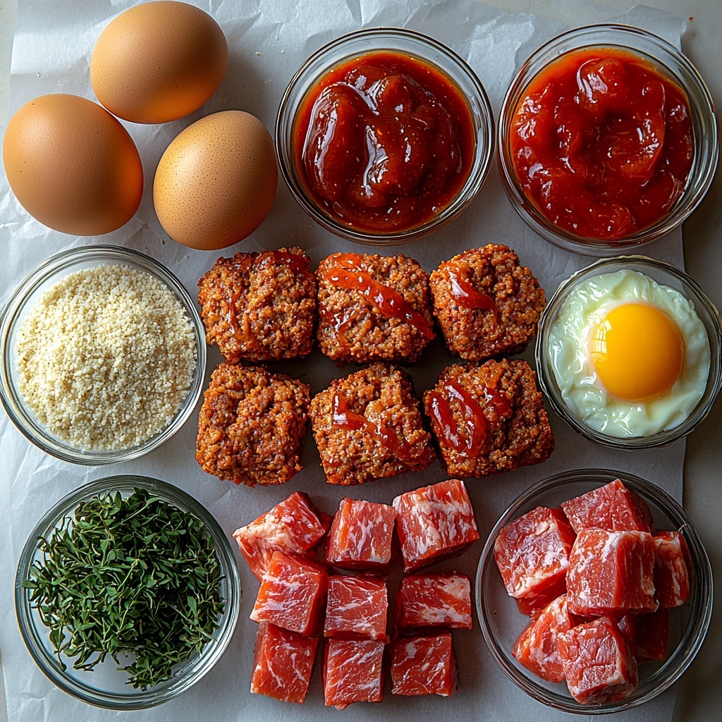 A clean white surface neatly arranged with the main ingredients for meatloaf muffins: one large brown egg in a small ceramic bowl, a heap of golden Italian seasoned panko breadcrumbs with a slightly coarse texture, finely diced bright yellow onion pieces in a small glass bowl, finely diced crisp green bell pepper pieces in another small clear bowl, a small dish of glossy deep reddish-brown BBQ sauce, a measuring spoon with vibrant dried Italian seasoning herbs, a portion of raw ground beef with rich red color and visible marbling placed on parchment paper, a small bowl of smooth, shiny bright red ketchup, a small bowl of extra BBQ sauce, and a teaspoon of pale yellow Dijon mustard in a tiny white dish. The ingredients are spaced evenly across the surface with natural, soft lighting that highlights the fresh textures and vivid colors, minimal shadows, and a few sprigs of fresh Italian herbs artistically placed for color contrast and rustic appeal. Overhead shot, top down view, flat lay photography, professional food styling --ar 1:1 --q 2 --s 750 --v 6.1
