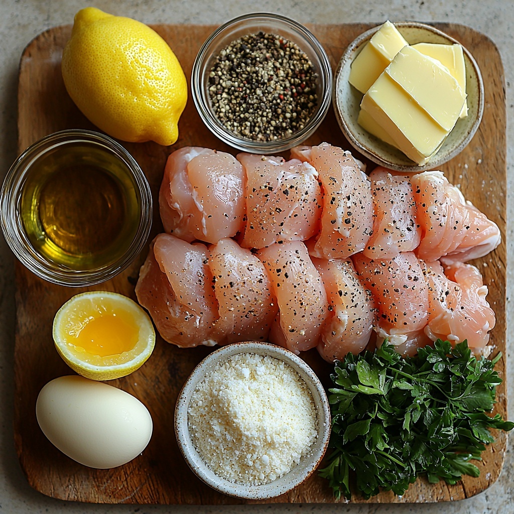 2 large raw chicken breasts halved lengthwise, raw with smooth pale pink texture; small bowls of salt, black pepper, and fine garlic powder; two cracked eggs in a clear glass bowl with bright yellow yolks and translucent whites; white all-purpose flour in a rustic ceramic bowl and a small heap of flour on the surface; a small glass dish of golden olive oil; a pat of creamy yellow butter on a white butter dish; a clear glass cup of light golden chicken broth mixed with pale white wine; a small glass bowl of fresh bright yellow lemon juice; half a lemon sliced into thin, translucent rings arranged neatly on a small white plate; a bunch of fresh chopped green parsley scattered lightly; freshly grated parmesan cheese with a snowy white fine texture loosely piled on a small wooden board. All items arranged aesthetically on a clean, light neutral-toned surface with soft natural lighting, subtle shadows, and muted background props for contrast. The composition balances colors and textures with ample negative space, emphasizing freshness and simplicity. Overhead shot, top down view, flat lay photography, professional food styling --ar 1:1 --q 2 --s 750 --v 6.1