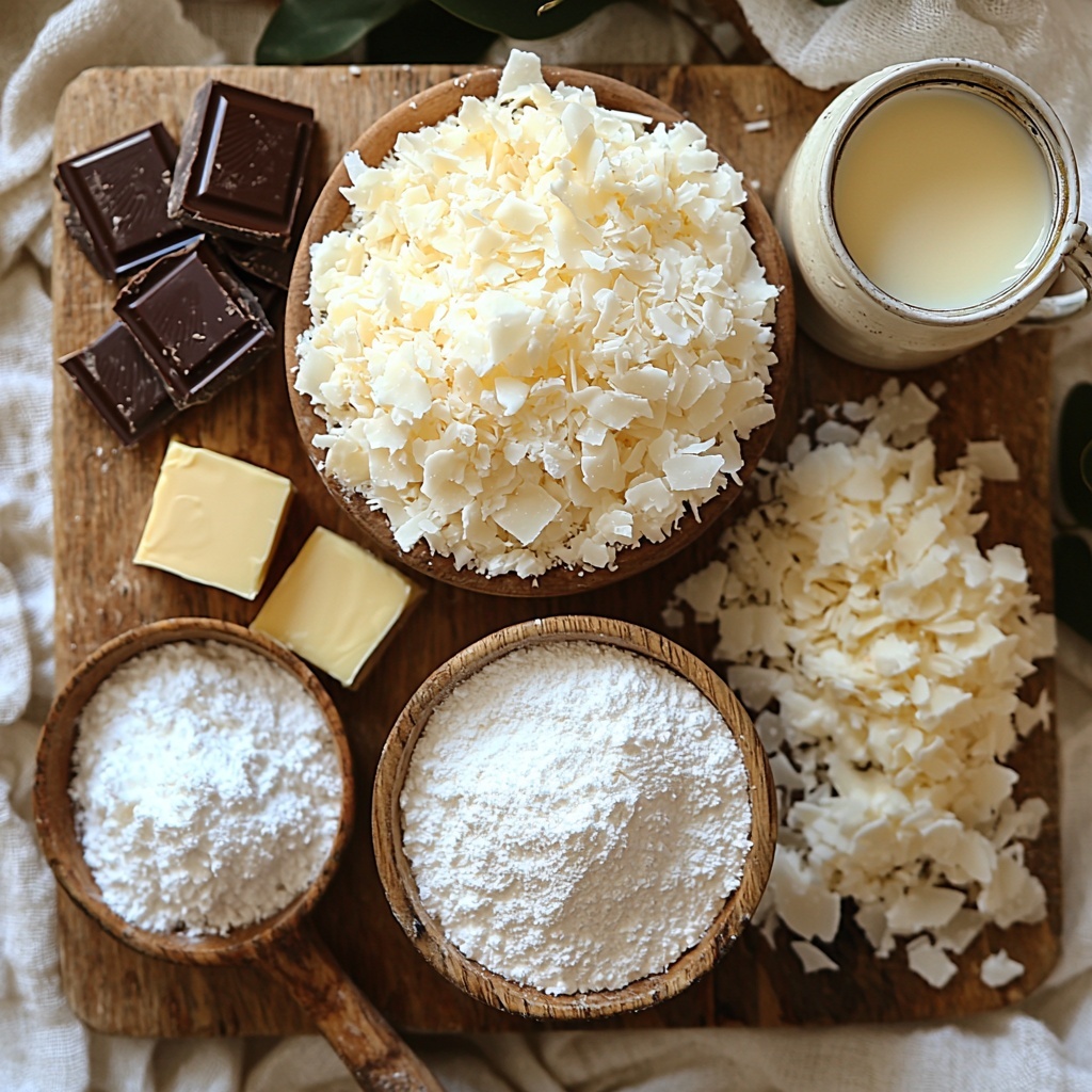 Graham cracker crumbs in a small rustic bowl, light golden and crumbly texture; powdered sugar softly dusted beside it in a delicate white ceramic scoop, snowy and fine; melted butter glistening in a small glass ramekin with warm amber hues; a full can of sweetened condensed milk partially opened, shiny metal surface catching the light; a generous mound of sweetened shredded coconut, fluffy and white with a slightly fibrous texture, arranged neatly on a wooden board; chunks of semi-sweet chocolate scattered casually, rich dark brown with a glossy finish; a small vintage cream pitcher filled with heavy cream, creamy white and smooth. All ingredients are thoughtfully spaced on a clean pale linen surface with soft natural daylight highlighting their colors and textures, subtle shadows adding depth, styled with minimal props such as a wooden spoon and linen napkin for an inviting, warm feel. overhead shot, top down view, flat lay photography, professional food styling --ar 1:1 --q 2 --s 750 --v 6.1