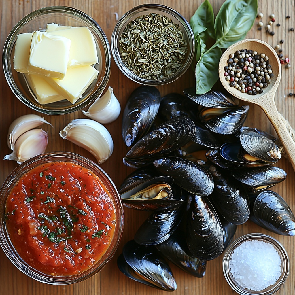 Fresh mussels with glossy dark blue-black shells, a small bowl of unsalted butter cubes melting slightly, minced garlic cloves scattered elegantly, diced shallots in a tiny glass bowl, whole fennel seeds and crushed red pepper flakes arranged in neat wooden spoons, an open 8-ounce can of rich red tomato sauce with smooth texture, a clear glass measuring cup filled with golden chicken stock, a small glass of pale straw-colored dry white wine, coarse Kosher salt crystals and cracked black peppercorns in small white porcelain bowls, a half cup of thick heavy cream in a delicate white ceramic bowl, fresh torn bright green basil leaves and chopped vibrant parsley arranged loosely nearby, all laid out carefully on a clean light wooden surface with soft natural light casting gentle shadows, styled with rustic linen napkin edges peeking from the side, subtle reflections and a few scattered herbs to add a fresh, organic feel, overhead shot, top down view, flat lay photography, professional food styling --ar 1:1 --q 2 --s 750 --v 6.1