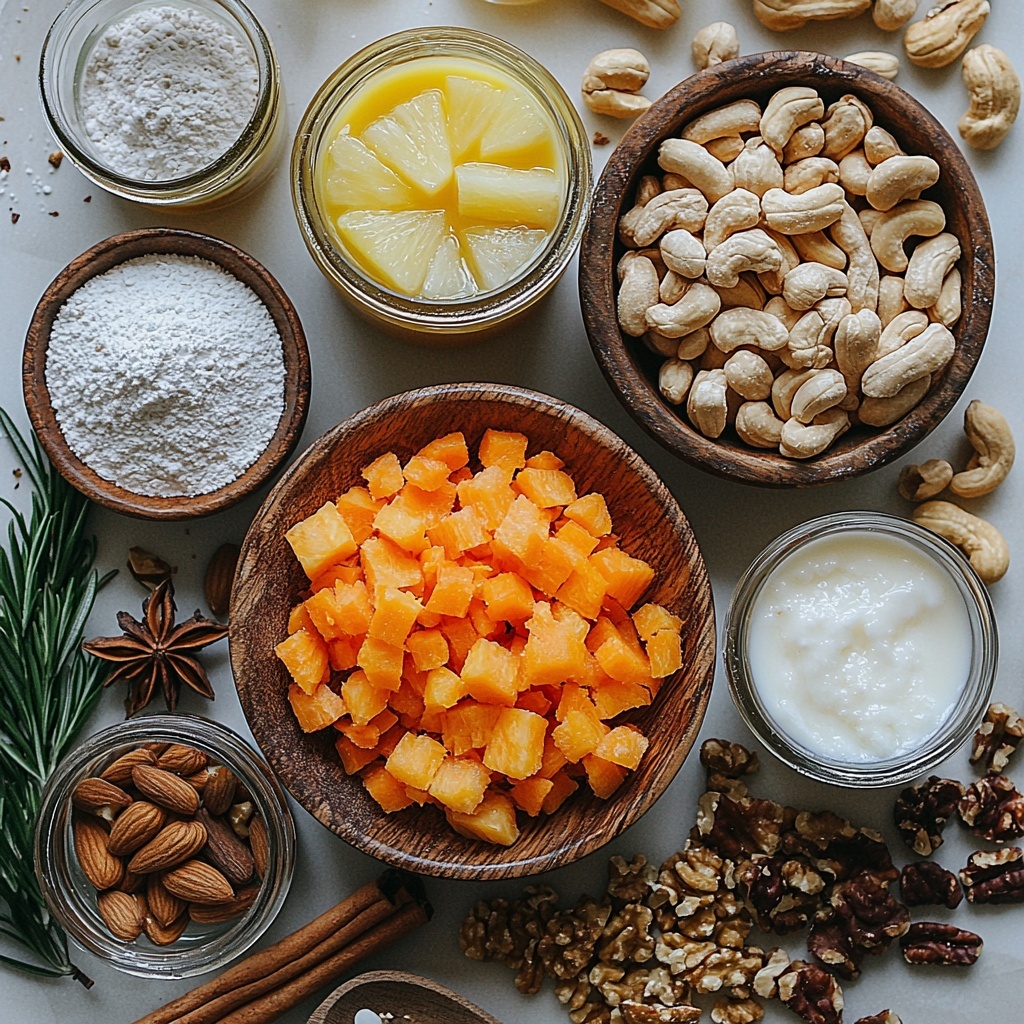 vibrant flat lay of vegan carrot cake ingredients arranged neatly on a pristine white surface, featuring a rustic bowl of finely shredded bright orange carrots, a small glass bowl of golden crushed pineapple, and scattered rich brown chopped walnuts; next to a wooden spoon resting on a heap of warm-toned all-purpose flour dusted lightly with cinnamon and nutmeg powders; elegant glass jars containing amber maple syrup and creamy melted coconut oil reflecting soft light; a small dish of smooth white powdered sugar and a teaspoon of pink Himalayan salt crystals adding delicate texture; a vintage measuring cup filled with creamy off-white unsweetened almond milk; a rustic bowl of raw ivory cashews soaking in water, and a halved fresh lemon with droplets of juice glistening nearby; cinnamon sticks and a vanilla bean pod placed for aromatic detail; all ingredients spaced thoughtfully with natural light highlighting their varied textures and warm earthy tones, subtle shadows creating depth and inviting warmth, minimal props to keep focus on freshness and wholesome vibe, perfectly styled for a clean, bright, and appetizing presentation — overhead shot, top down view, flat lay photography, professional food styling --ar 1:1 --q 2 --s 750 --v 6.1