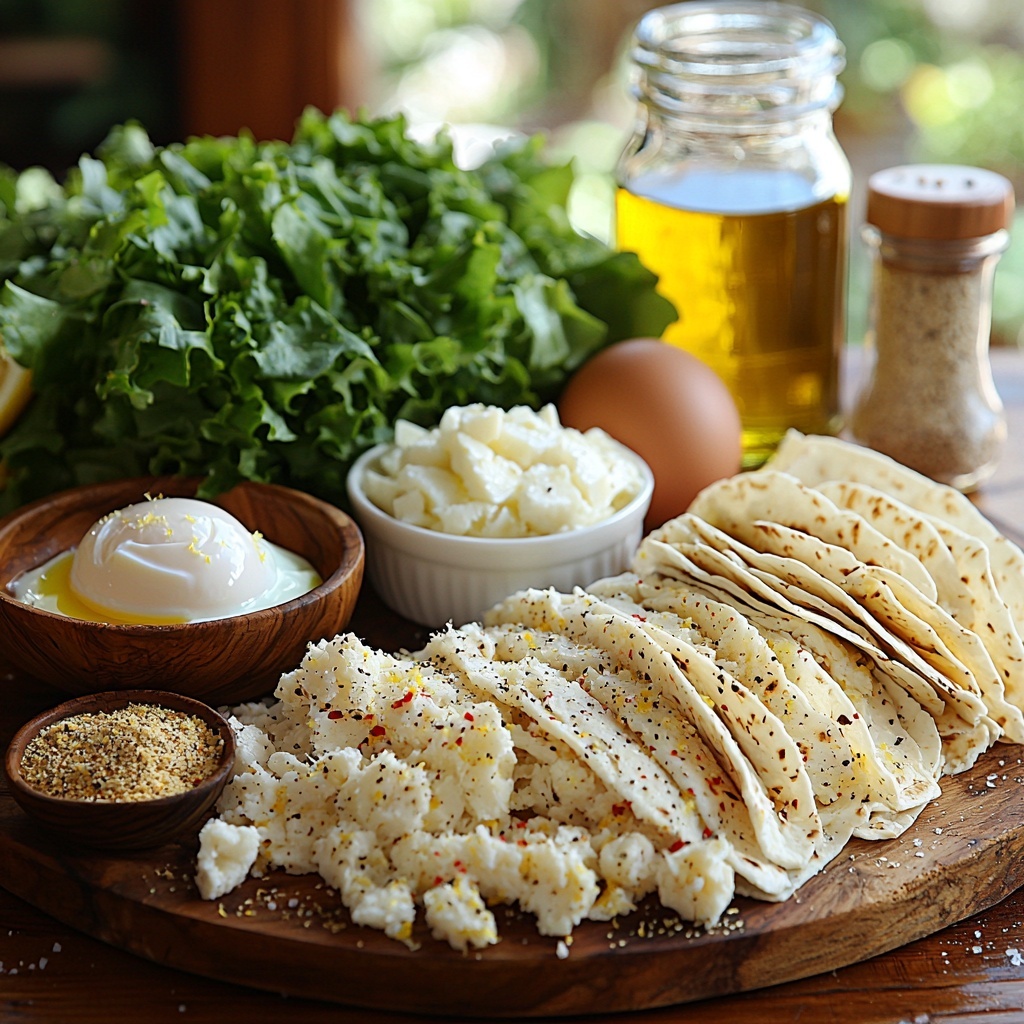 boneless skinless chicken breasts sliced thinly, seasoned bread crumbs mixed with finely grated parmesan cheese and fresh lemon zest in a small rustic bowl, a large raw egg in a shallow white dish, golden olive oil in a small glass jar, wraps or large tortillas stacked neatly, fresh chopped romaine lettuce arranged in a vibrant green pile, minced garlic cloves on a small wooden spoon, creamy greek yogurt in a pristine white ramekin, Dijon mustard dolloped on a ceramic plate, small bowl with red wine vinegar, fresh lemon half with visible juice droplets, anchovy paste on a tiny spoon, kosher salt and cracked black pepper scattered lightly beside a salt cellar, extra virgin olive oil in a clear bottle with golden hues, ingredients arranged artfully on a clean light wooden surface with natural soft daylight, colors bright and fresh, textures contrasting – crunchy crumbs, smooth yogurt, crisp lettuce, glossy oil, rustic bowls and utensils enhancing the natural feel, minimal shadows, styled to emphasize freshness and preparation process, overhead shot, top down view, flat lay photography, professional food styling --ar 1:1 --q 2 --s 750 --v 6.1