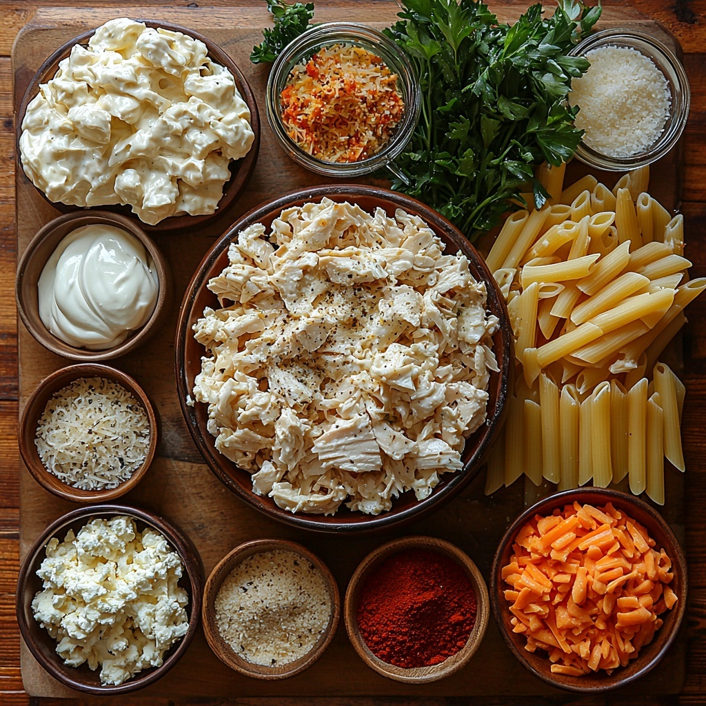 12 oz cooked penne pasta, al dente with a slightly glossy, pale golden texture; 2 cups shredded cooked chicken, tender and flaky with a light cream color; 4 oz softened cream cheese, smooth and creamy white dollop; 1 cup heavy cream in a small glass jug, thick and velvety; 2 cups shredded mozzarella, soft white strands; 1 cup shredded cheddar cheese, bright orange curls; 1/3 cup finely grated parmesan cheese, pale off-white and powdery; small bowls of garlic powder and onion powder, fine beige and light tan powders; salt and black pepper in tiny salt cellar and pepper mill; fresh sprigs of vibrant green parsley; all ingredients carefully arranged on a clean, light wooden surface with soft natural lighting highlighting the contrasting colors and textures — cheeses fanned out, spices in neat dishes, herbs placed casually for freshness, minimal shadows, airy and bright atmosphere — overhead shot, top down view, flat lay photography, professional food styling --ar 1:1 --q 2 --s 750 --v 6.1