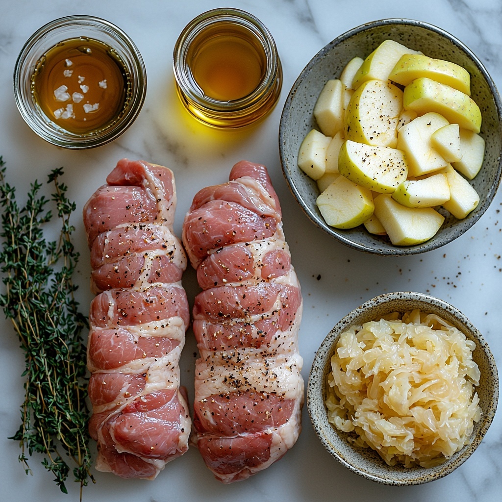A clean white marble surface laid out with the main ingredients for slow cooker pork tenderloin: two raw pork tenderloins with a slight sheen and trimmed fat, neatly placed side by side; three fresh apples peeled, cored, and sliced into eighths arranged in a fan shape displaying their pale cream flesh and subtle red skin edges; a small clear glass bowl filled with golden apple cider; a smaller bowl containing light amber apple cider vinegar; a bundle of fresh bright green thyme sprigs with delicate leaves; a rustic ceramic bowl overflowing with pale yellow sauerkraut showing its soft, shredded texture; a small dish of coarse kosher salt crystals scattered artfully nearby; and a small jar of golden brown oil with a reflective surface. Natural soft daylight casting subtle shadows, minimalistic styling with focus on texture contrasts between the smooth pork, crisp apple slices, and fibrous sauerkraut. The composition is balanced and airy with negative space, inviting and fresh. Overhead shot, top down view, flat lay photography, professional food styling --ar 1:1 --q 2 --s 750 --v 6.1