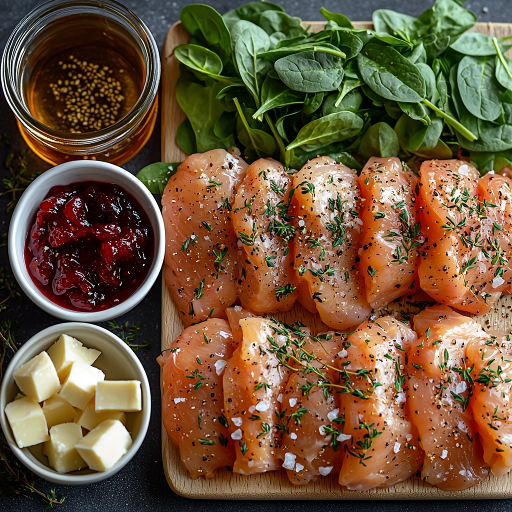 boneless skinless chicken breasts, kosher salt in a small bowl, dried thyme sprinkles, ground black pepper in a tiny dish, extra-virgin olive oil in a small glass jar with a golden sheen, diced shallot in a white ramekin, minced garlic clove on a wooden spoon, roughly chopped baby spinach with vibrant green leaves loosely piled, bright red cranberry sauce in a clear bowl showing its glossy texture, creamy sliced brie cheese arranged in neat wedges with a soft rind visible—all ingredients carefully spaced on a clean, white matte surface to create contrast and highlight freshness and texture. Soft natural light from the side enhances the colors and subtle shadows, with minimal props to keep focus on the ingredients. Overhead shot, top down view, flat lay photography, professional food styling --ar 1:1 --q 2 --s 750 --v 6.1