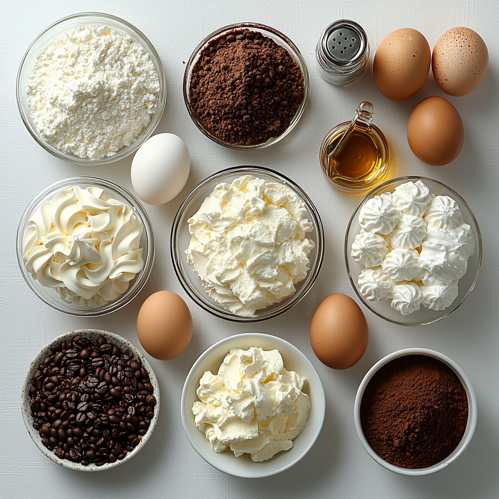 Tiramisu Layer Cake ingredients neatly arranged on a clean white surface for a flat lay overhead shot: a glass bowl of soft, creamy mascarpone cheese in an off-white tone; a bowl of fluffy whipped cream next to a small bowl of powdered sugar, both bright white and delicate; a cup of very strong dark coffee with a glossy surface, accompanied by a small glass container of golden brown granulated sugar; a pile of pale yellow large egg yolks in a clear small bowl alongside a separate bowl of glossy, whipped egg whites with soft peaks; a stack of light beige cake flour with a small heap of pale baking powder and a pinch of kosher salt on a white ceramic spoon; a glass bottle of translucent vegetable oil with a subtle amber tint; a measuring cup of whole milk showing its creamy white color; vanilla extract in a tiny amber glass bottle; a small heap of dark brown cocoa powder dusted lightly on the surface; a few eggs in natural brown shells placed casually; and a metal whisk and flexible rubber spatula with wooden handles arranged elegantly. The arrangement balances warm neutral tones with creamy whites and dark coffee contrast, styled with soft natural lighting to emphasize the powdery, creamy, and glossy textures, minimal shadows, and a clean, airy aesthetic. Overhead shot, top down view, flat lay photography, professional food styling --ar 1:1 --q 2 --s 750 --v 6.1