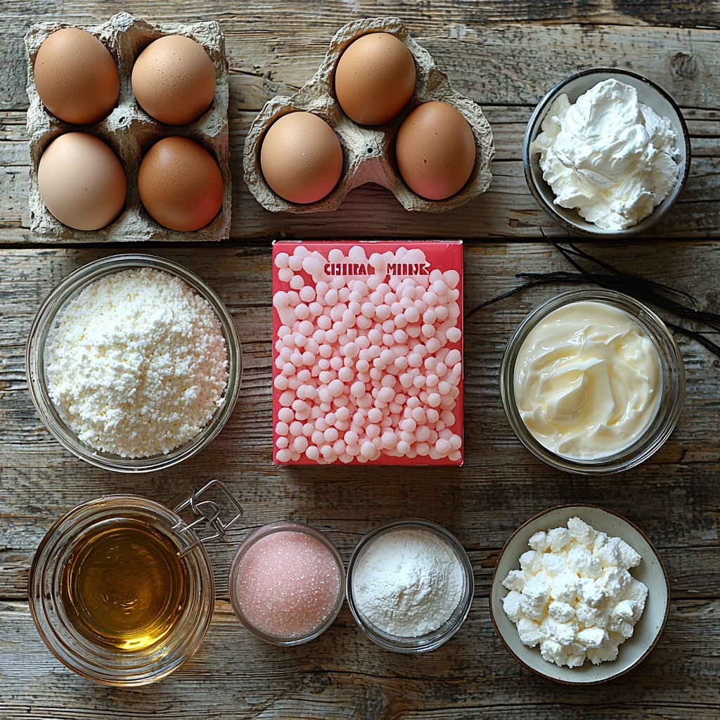 Strawberry cake mix box with vibrant pink and red tones, a clear glass measuring cup filled with pale pink guava nectar, three brown eggs with smooth shells, a small glass bowl of clear liquid coconut oil, a vintage sugar jar with white granulated sugar, a small bowl of fine white cornstarch powder, a tiny glass bowl of water, a block of creamy off-white softened cream cheese on a wooden cutting board with a silver butter knife, a bowl of fluffy white Cool Whip, and a vanilla bean pod resting on a rustic white ceramic plate. All ingredients are neatly arranged on a clean light wooden surface with natural soft daylight casting gentle shadows for contrast. The composition emphasizes a harmonious blend of soft pinks, creamy whites, warm browns, and translucent liquids with a mix of smooth, powdery, and glossy textures. Overhead shot, top down view, flat lay photography, professional food styling --ar 1:1 --q 2 --s 750 --v 6.1