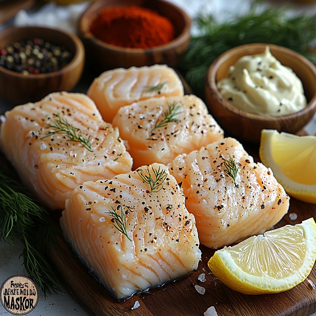 garlic cloves, unsalted butter cubes, raw cod fillet pieces cut into bite-sized chunks, fresh lemon halved and sliced, small bowl of creamy lemon herb dip showing smooth texture with flecks of chopped dill and parsley, fresh dill and parsley sprigs, small pile of paprika powder, coarse salt and cracked black peppercorns scattered gently, all arranged neatly on a clean white textured surface with natural light highlighting vibrant colors – the pale pinkish-white cod contrasts with the rich golden butter and bright green herbs, lemon adds a pop of yellow, garlic cloves show papery skins and smooth bulbs, paprika provides warm red tones, mayonnaise and sour cream combine into a creamy base with fresh herb flecks visible, styled with casual elegance including a wooden spoon and small rustic bowls, minimal shadows for a fresh, inviting feel, overhead shot, top down view, flat lay photography, professional food styling --ar 1:1 --q 2 --s 750 --v 6.1