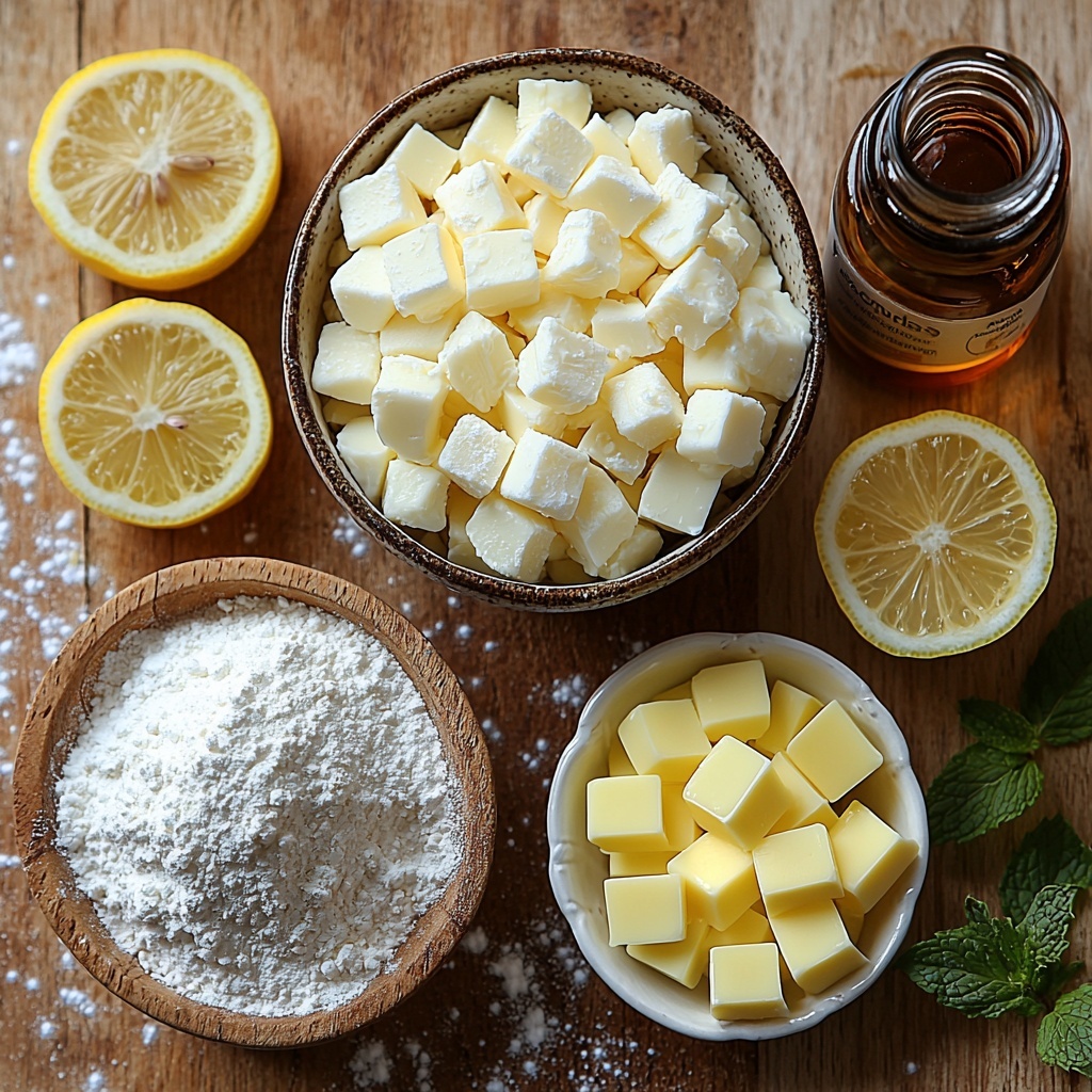 white chocolate baking chips in a small glass bowl with smooth, creamy white texture; cubed unsalted butter arranged in neat golden yellow cubes on a ceramic dish; heap of pale beige all-purpose flour spilling softly onto the clean white surface; small pile of fine white granulated sugar with subtle sparkling crystals; four large fresh eggs and four large egg yolks in a rustic ceramic bowl showing glossy orange yolks; vibrant yellow lemon curd in a small white ramekin with glossy, smooth surface; two tablespoons of bright yellow lemon zest scattered artfully nearby with fine strands enhancing texture; small glass bottle of pure vanilla extract with amber liquid and elegant label; two tablespoons of soft, powdery white powdered sugar in a small dish ready for dusting; all ingredients arranged symmetrically on a clean, light wood surface with soft natural daylight, minimal shadows, emphasizing fresh colors and varied textures, styled with a few fresh lemon slices and a sprig of mint for contrast, clean and airy composition, overhead shot, top down view, flat lay photography, professional food styling --ar 1:1 --q 2 --s 750 --v 6.1