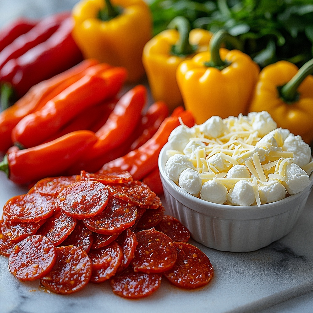 Mini sweet peppers halved and seeded, vibrant red, orange, and yellow colors with glossy, smooth skin; a small white bowl filled with bright red pizza sauce, thick and slightly textured; a neat pile of shredded mozzarella cheese, soft and fluffy, creamy white; a scattering of mini pepperoni slices, rich reddish-brown, slightly oily and glossy; all ingredients arranged neatly and artistically on a clean white marble surface, peppers fanned out in a semi-circle, bowls and piles spaced evenly creating balance; natural soft lighting to highlight the vivid colors and textures, slight shadows for depth, minimalistic and clean styling with no clutter, emphasizing freshness and vibrant, appetizing appeal, sharp focus with subtle depth of field -- over head shot, top down view, flat lay photography, professional food styling --ar 1:1 --q 2 --s 750 --v 6.1